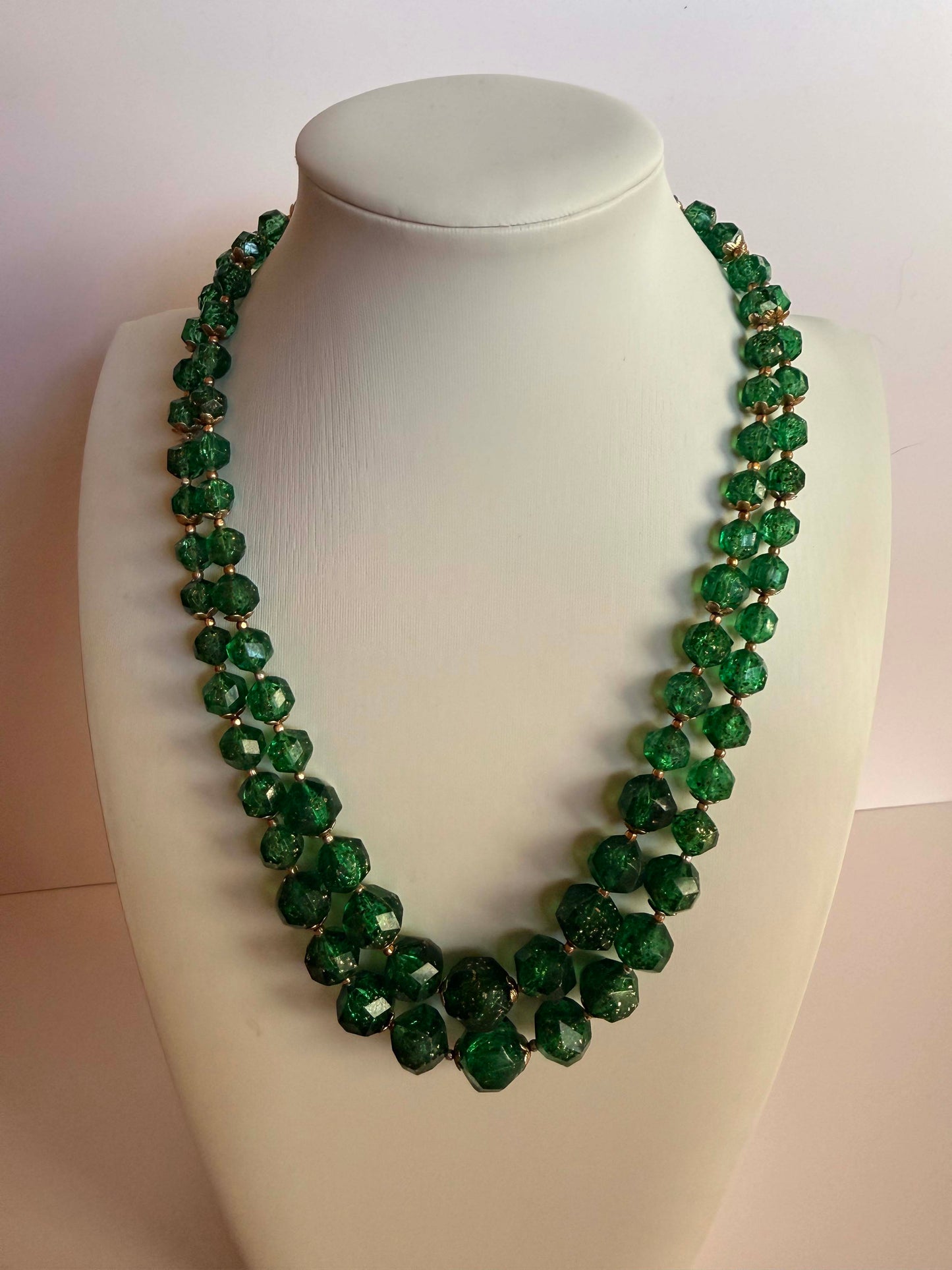 Vintage Green Glitter Lucite Double Strand Necklace | Emerald Green Faceted Bead Necklace | Mid Century Statement Jewelry | Lucite Beaded Necklace | 1950s 1960s Jewelry
