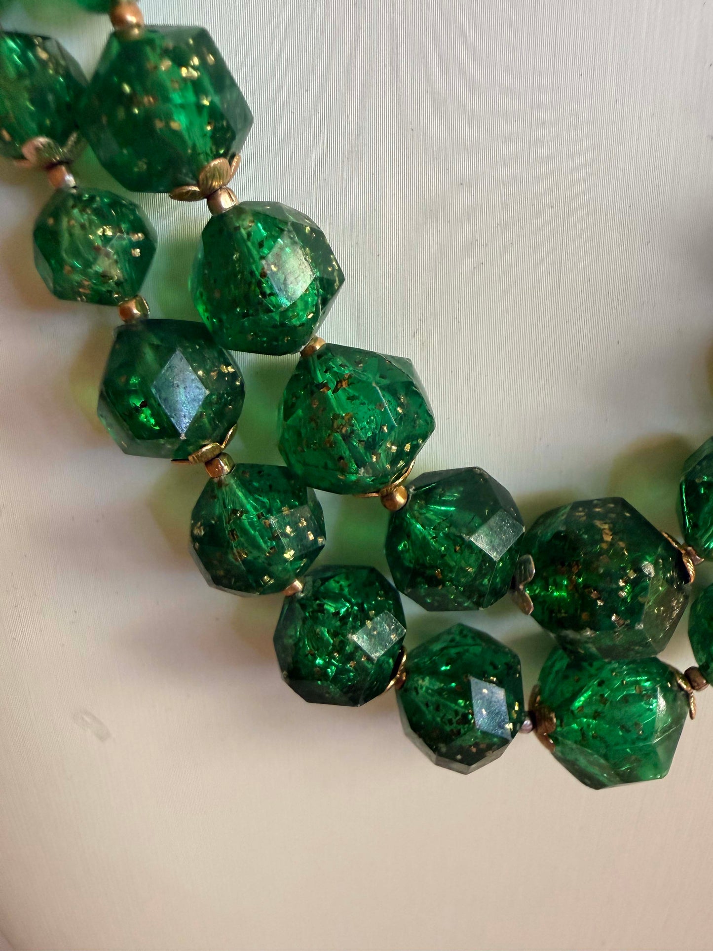 Vintage Green Glitter Lucite Double Strand Necklace | Emerald Green Faceted Bead Necklace | Mid Century Statement Jewelry | Lucite Beaded Necklace | 1950s 1960s Jewelry