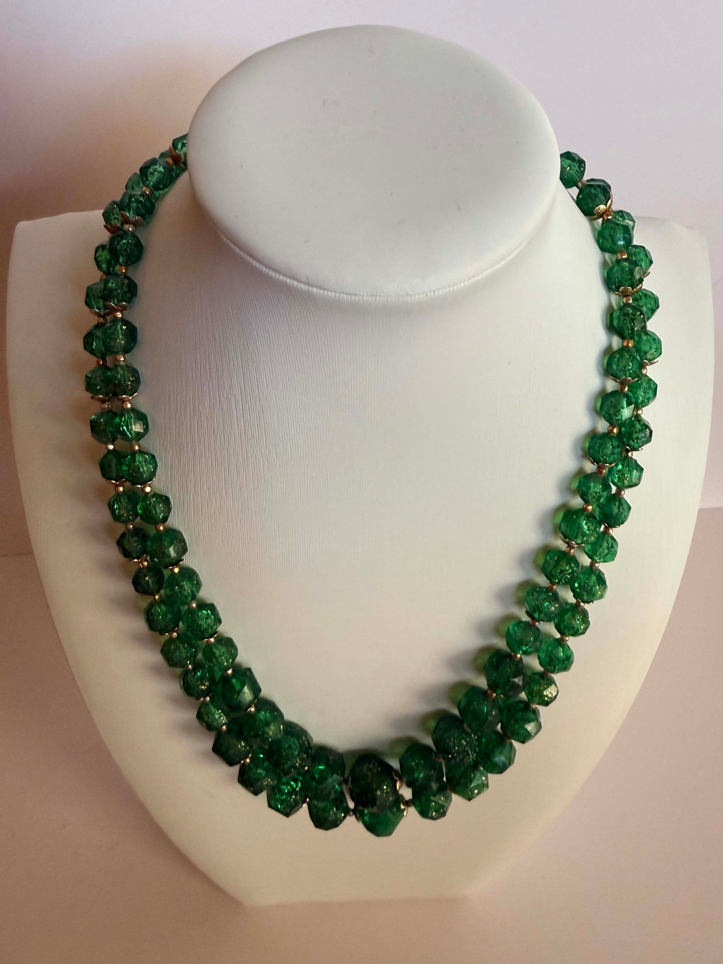 Vintage Green Glitter Lucite Double Strand Necklace | Emerald Green Faceted Bead Necklace | Mid Century Statement Jewelry | Lucite Beaded Necklace | 1950s 1960s Jewelry