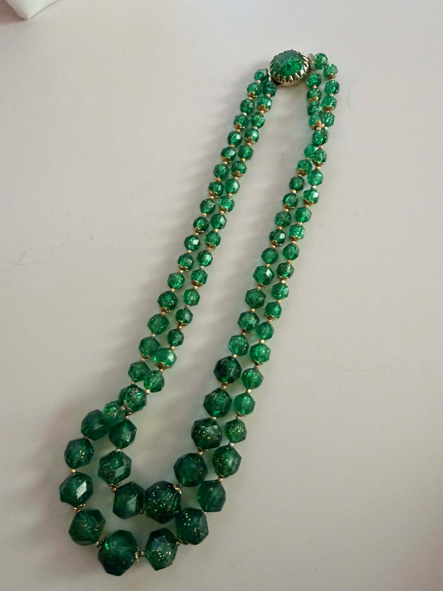 Vintage Green Glitter Lucite Double Strand Necklace | Emerald Green Faceted Bead Necklace | Mid Century Statement Jewelry | Lucite Beaded Necklace | 1950s 1960s Jewelry