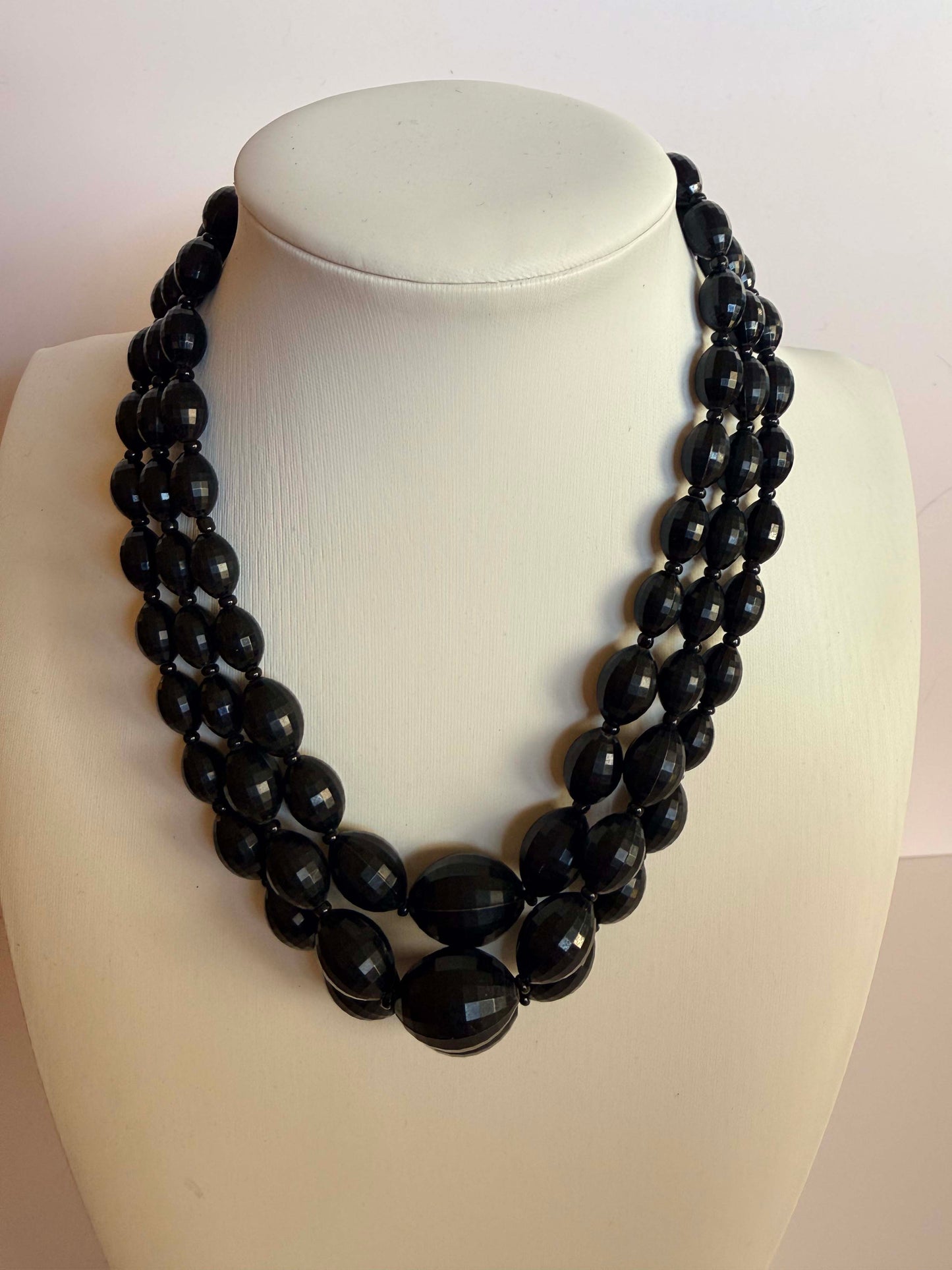 Vintage Black Faceted Lucite Triple Strand Necklace | Mid Century Black Statement Necklace | 1950s 1960s Lucite Jewelry | Graduated Bead Necklace | Vintage Costume Jewelry