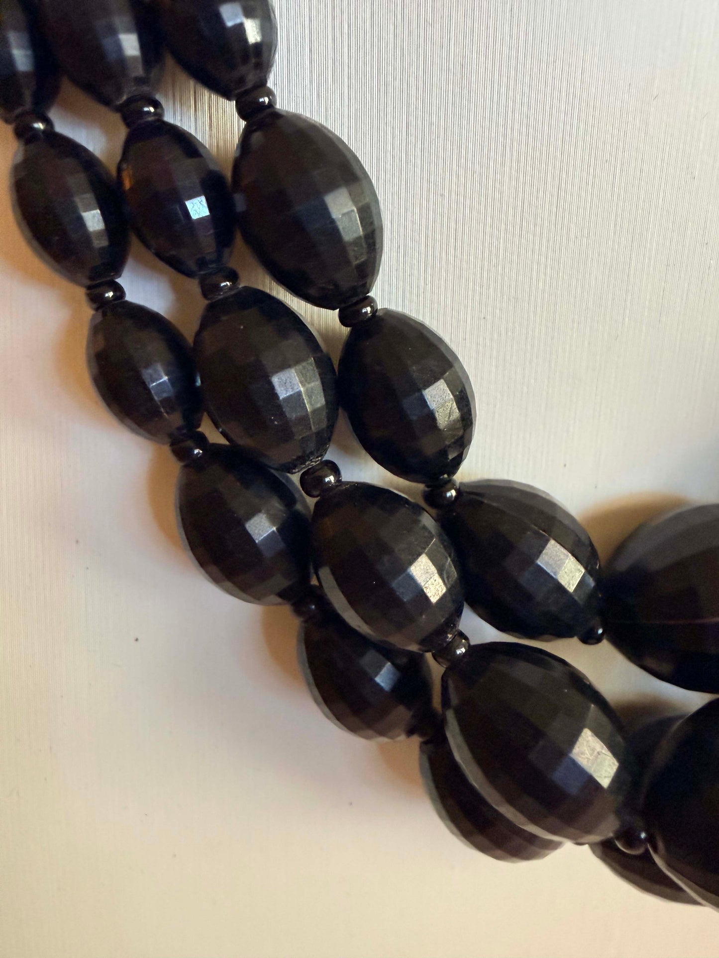 Vintage Black Faceted Lucite Triple Strand Necklace | Mid Century Black Statement Necklace | 1950s 1960s Lucite Jewelry | Graduated Bead Necklace | Vintage Costume Jewelry