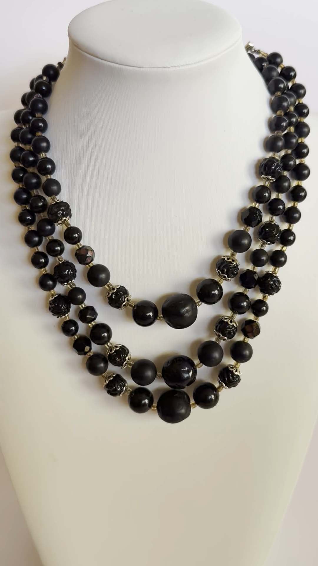 Vintage Black Triple Strand Beaded Necklace | Mid Century Matte & Glossy Black Lucite Statement Necklace | 1960s Costume Jewelry