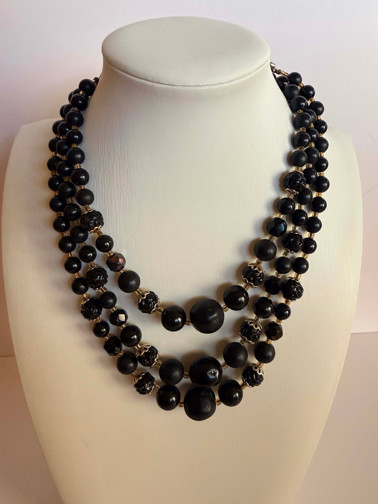 Vintage Black Triple Strand Beaded Necklace | Mid Century Matte & Glossy Black Lucite Statement Necklace | 1960s Costume Jewelry