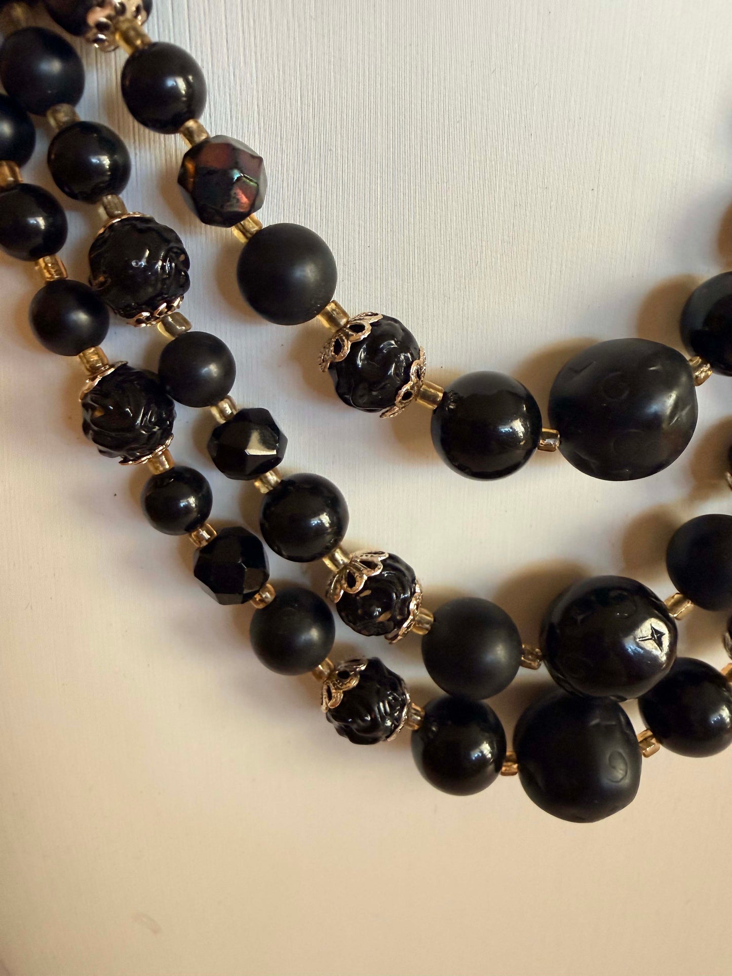Vintage Black Triple Strand Beaded Necklace | Mid Century Matte & Glossy Black Lucite Statement Necklace | 1960s Costume Jewelry