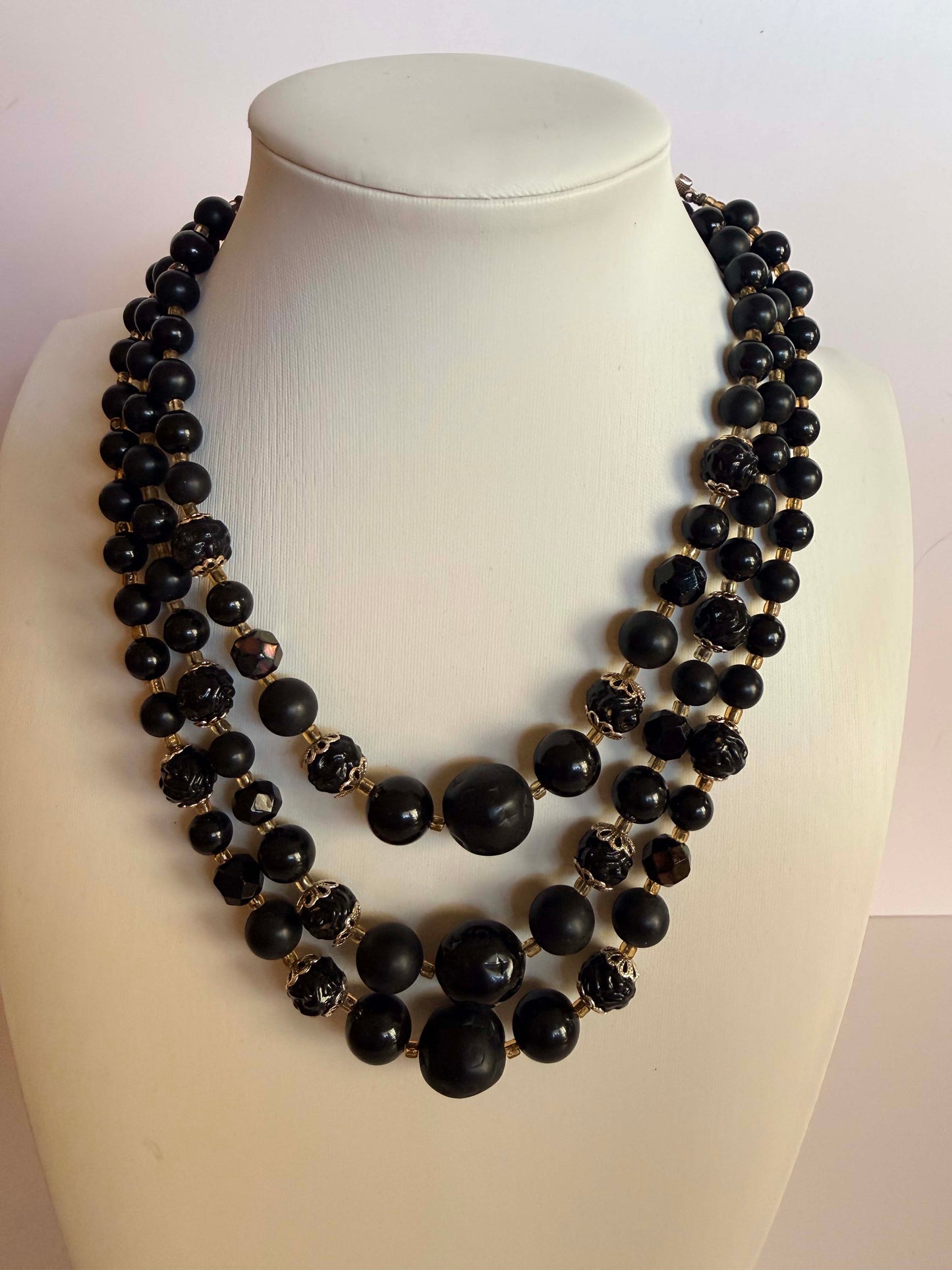 Vintage Black Triple Strand Beaded Necklace | Mid Century Matte & Glossy Black Lucite Statement Necklace | 1960s Costume Jewelry