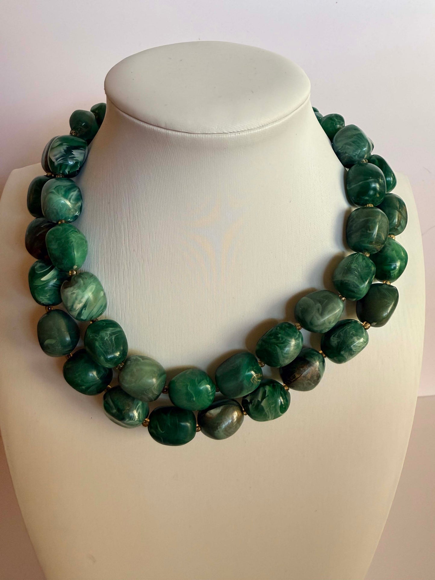 Vintage Green Marbled Lucite Double Strand Necklace | Mid Century Green Beaded Necklace | 1950s 1960s Chunky Lucite Jewelry | Retro Statement Necklace