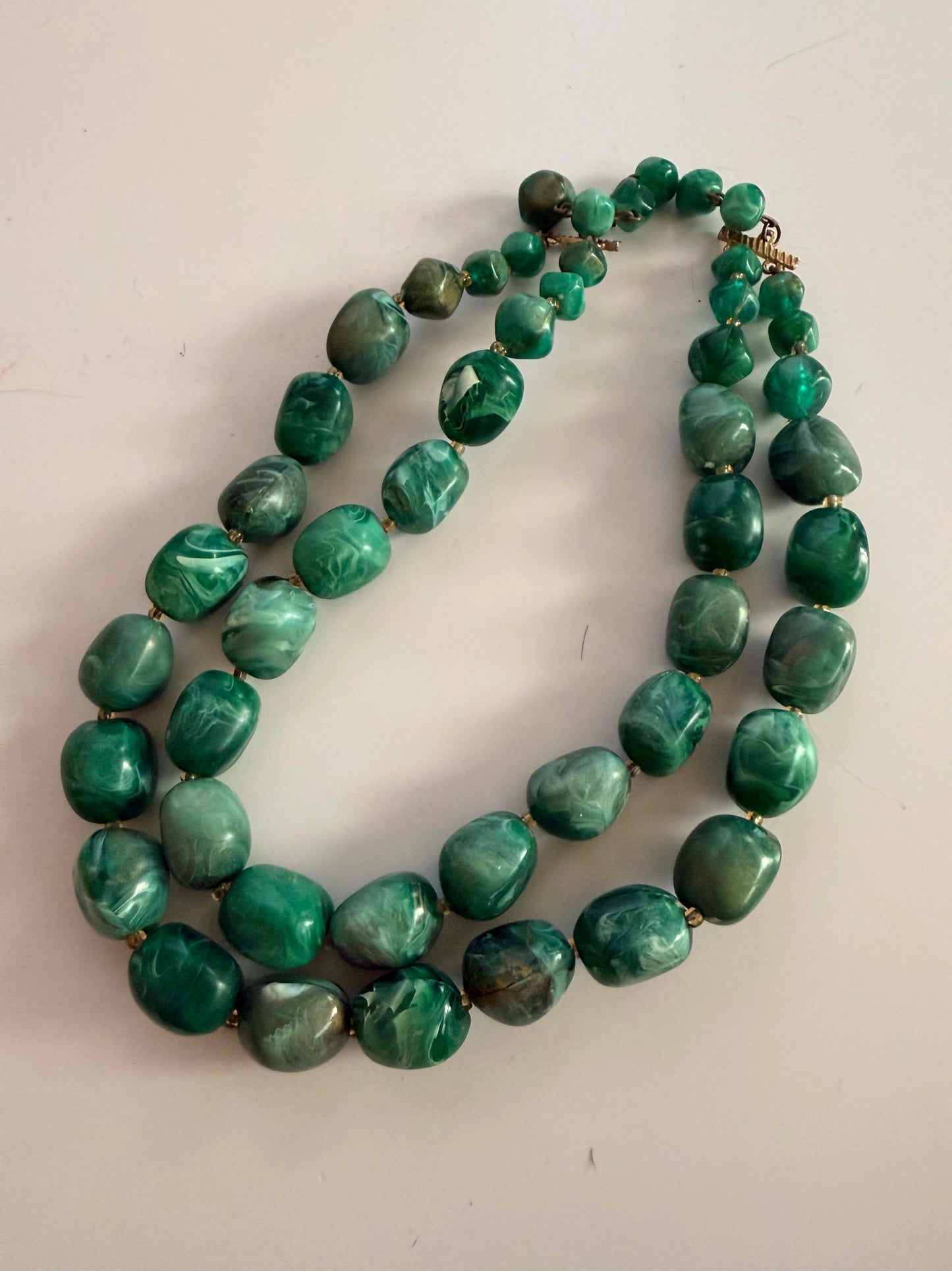 Vintage Green Marbled Lucite Double Strand Necklace | Mid Century Green Beaded Necklace | 1950s 1960s Chunky Lucite Jewelry | Retro Statement Necklace
