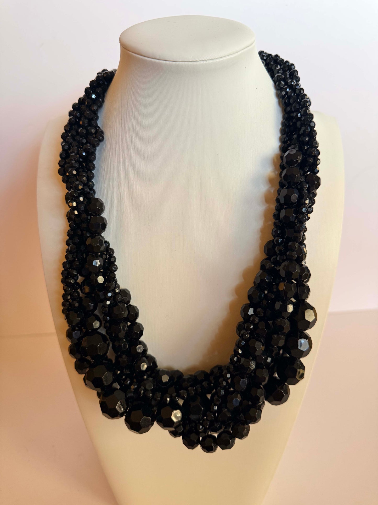 Vintage Black Faceted Bead Necklace | Multi Strand Statement Necklace | Layered Bib Necklace | Bold Vintage Costume Jewelry