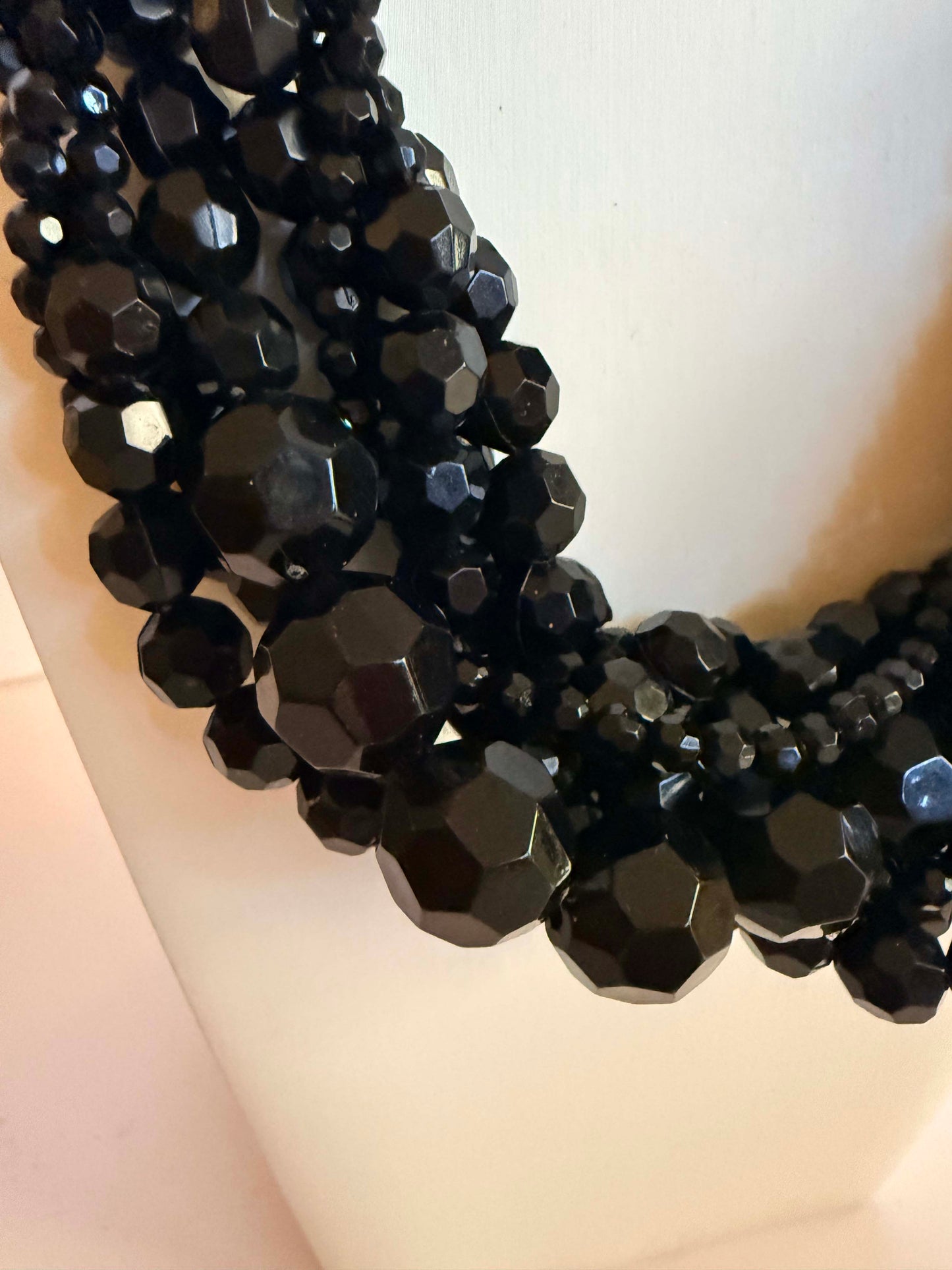 Vintage Black Faceted Bead Necklace | Multi Strand Statement Necklace | Layered Bib Necklace | Bold Vintage Costume Jewelry