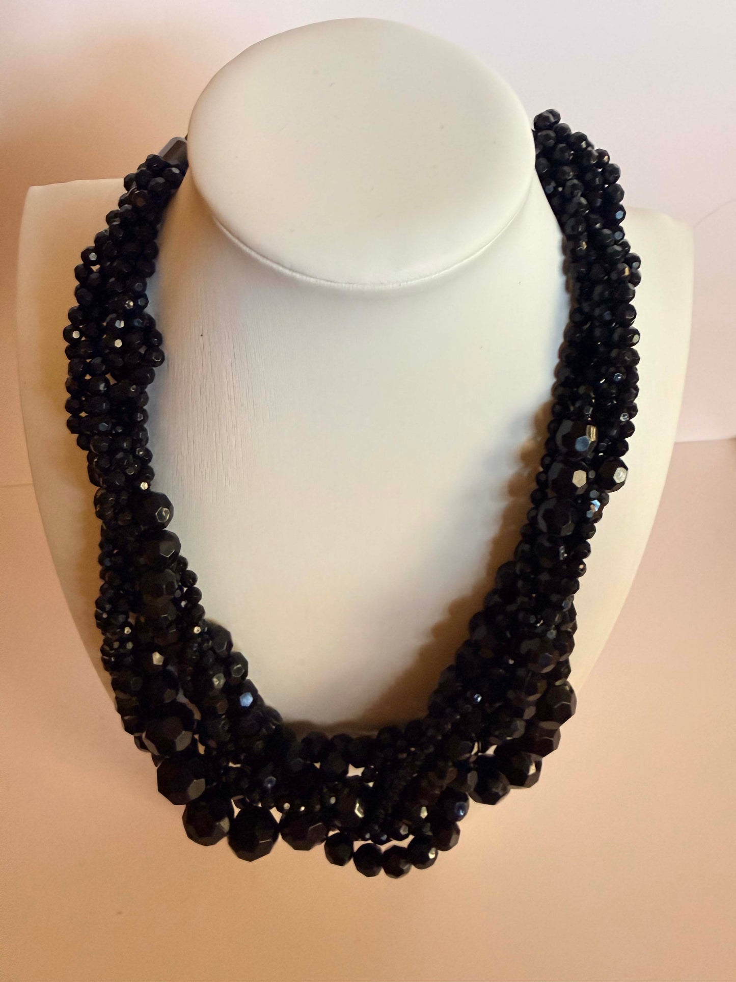 Vintage Black Faceted Bead Necklace | Multi Strand Statement Necklace | Layered Bib Necklace | Bold Vintage Costume Jewelry