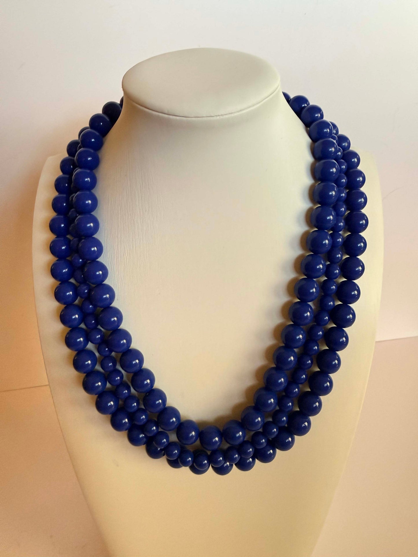 Vintage Cobalt Blue Four Strand Beaded Necklace | Layered Blue Lucite Statement Necklace | Retro Costume Jewelry | 1980s Necklace
