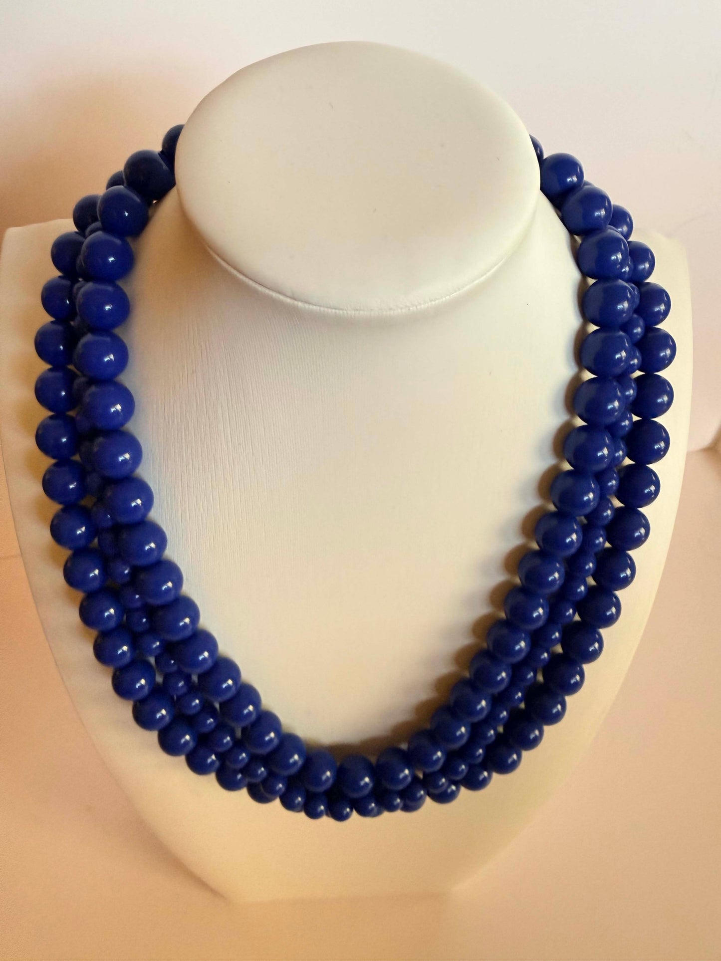Vintage Cobalt Blue Four Strand Beaded Necklace | Layered Blue Lucite Statement Necklace | Retro Costume Jewelry | 1980s Necklace
