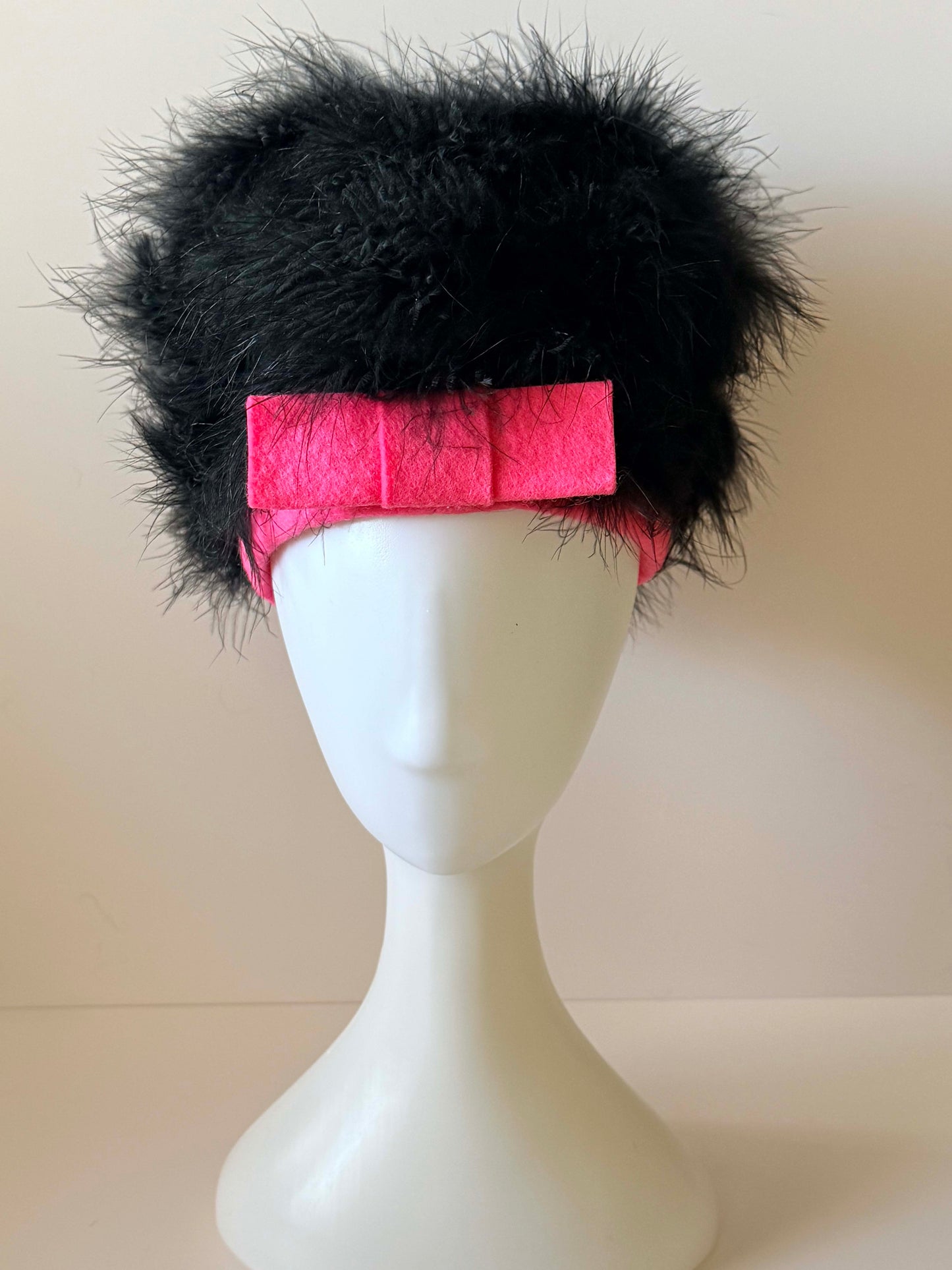 Vintage 1960s Ostrich Feather Hat – Black Feather & Pink Felt Oversized Statement Hat