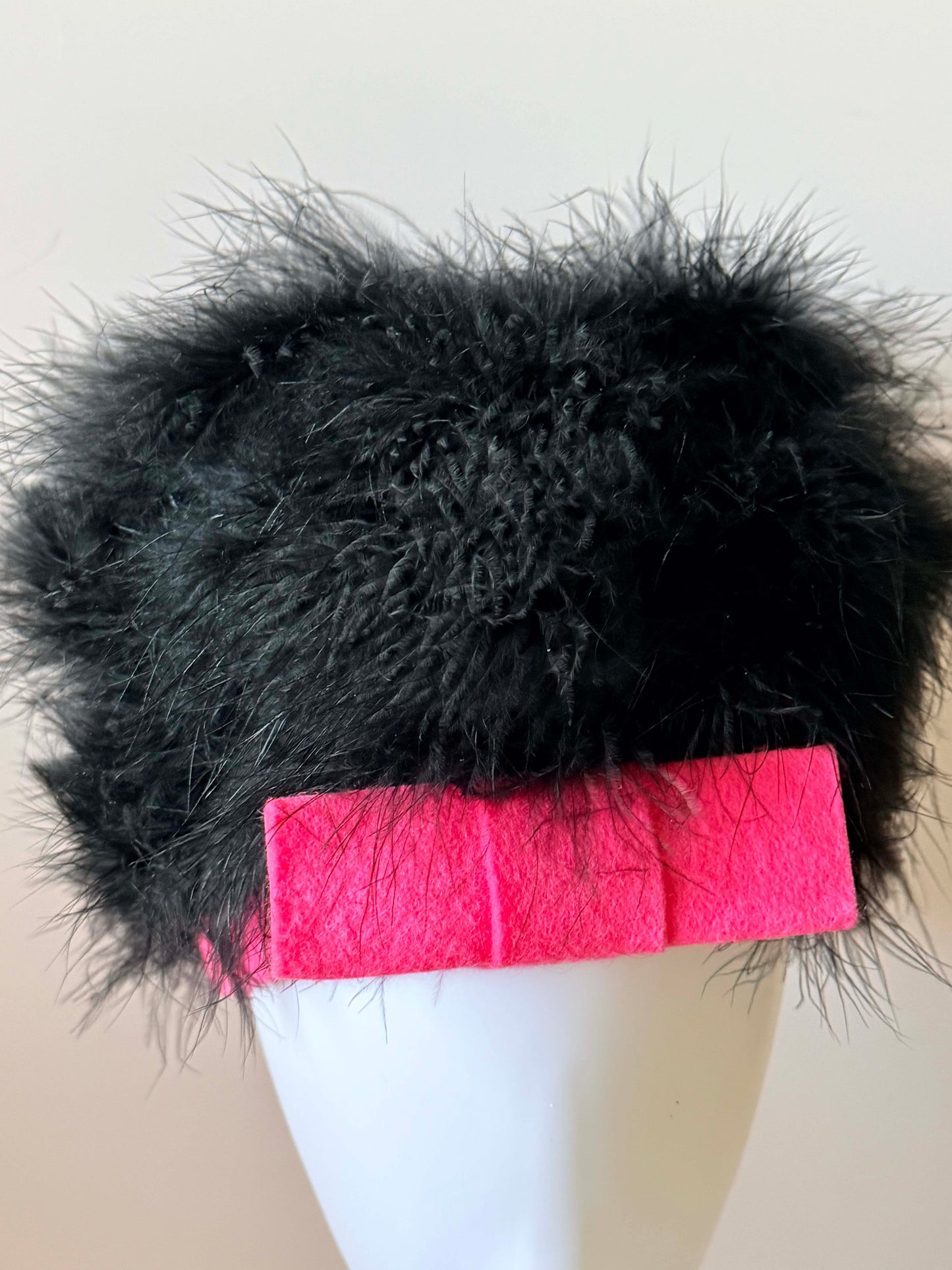 Vintage 1960s Ostrich Feather Hat – Black Feather & Pink Felt Oversized Statement Hat
