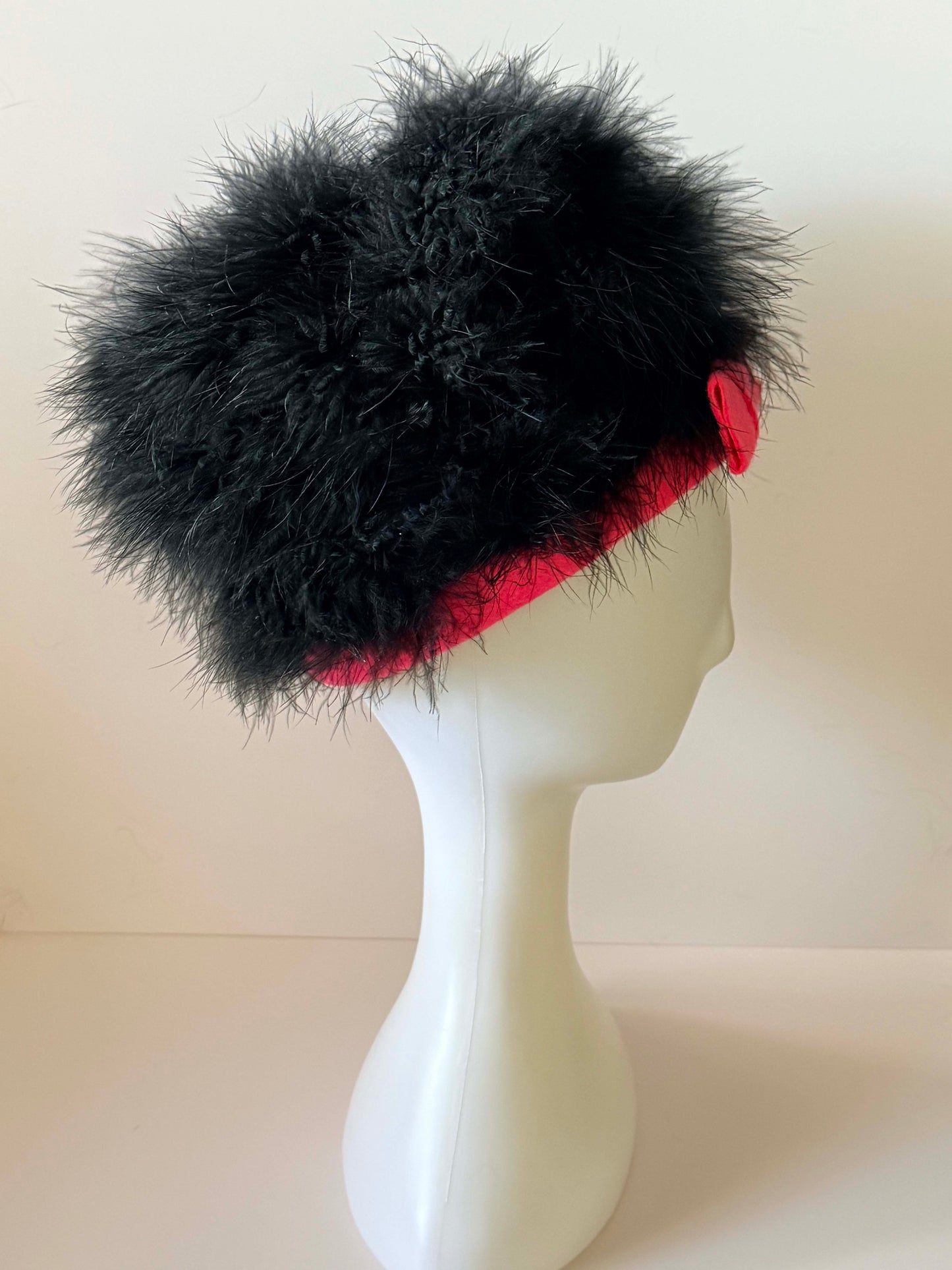 Vintage 1960s Ostrich Feather Hat – Black Feather & Pink Felt Oversized Statement Hat