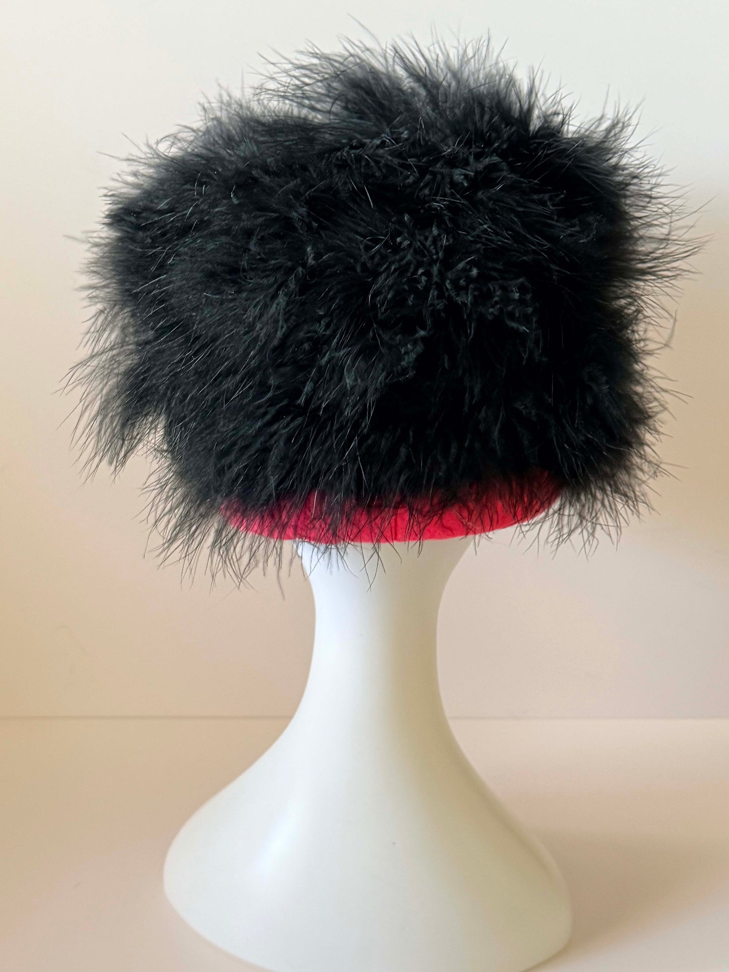 Vintage 1960s Ostrich Feather Hat – Black Feather & Pink Felt Oversized Statement Hat