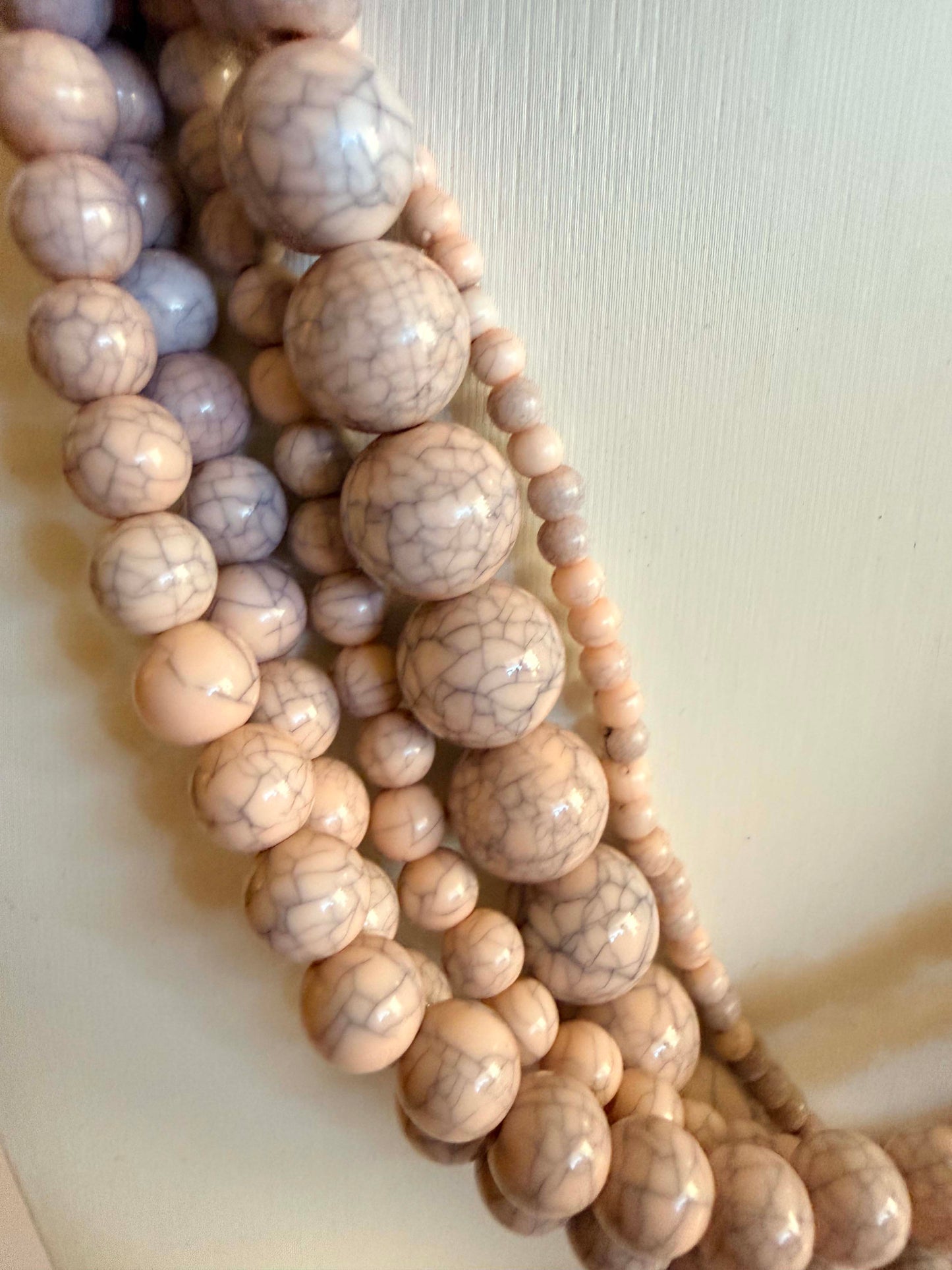 Vintage Five Strand Marbled Beige Beaded Necklace | Neutral Statement Necklace | 1980s Layered Acrylic Bead Jewelry