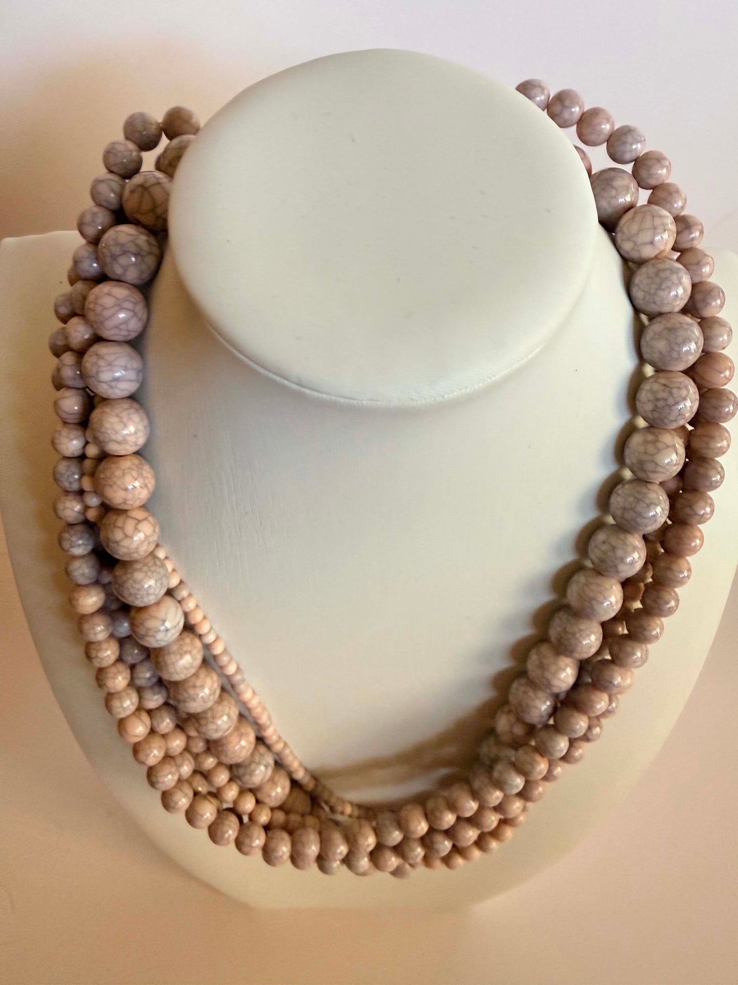 Vintage Five Strand Marbled Beige Beaded Necklace | Neutral Statement Necklace | 1980s Layered Acrylic Bead Jewelry
