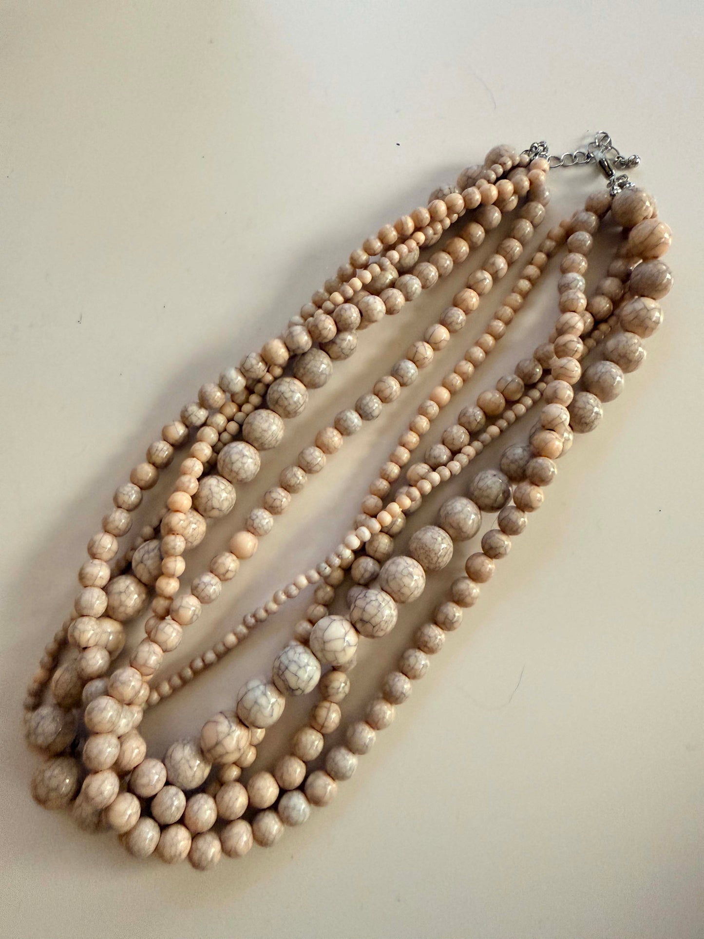 Vintage Five Strand Marbled Beige Beaded Necklace | Neutral Statement Necklace | 1980s Layered Acrylic Bead Jewelry