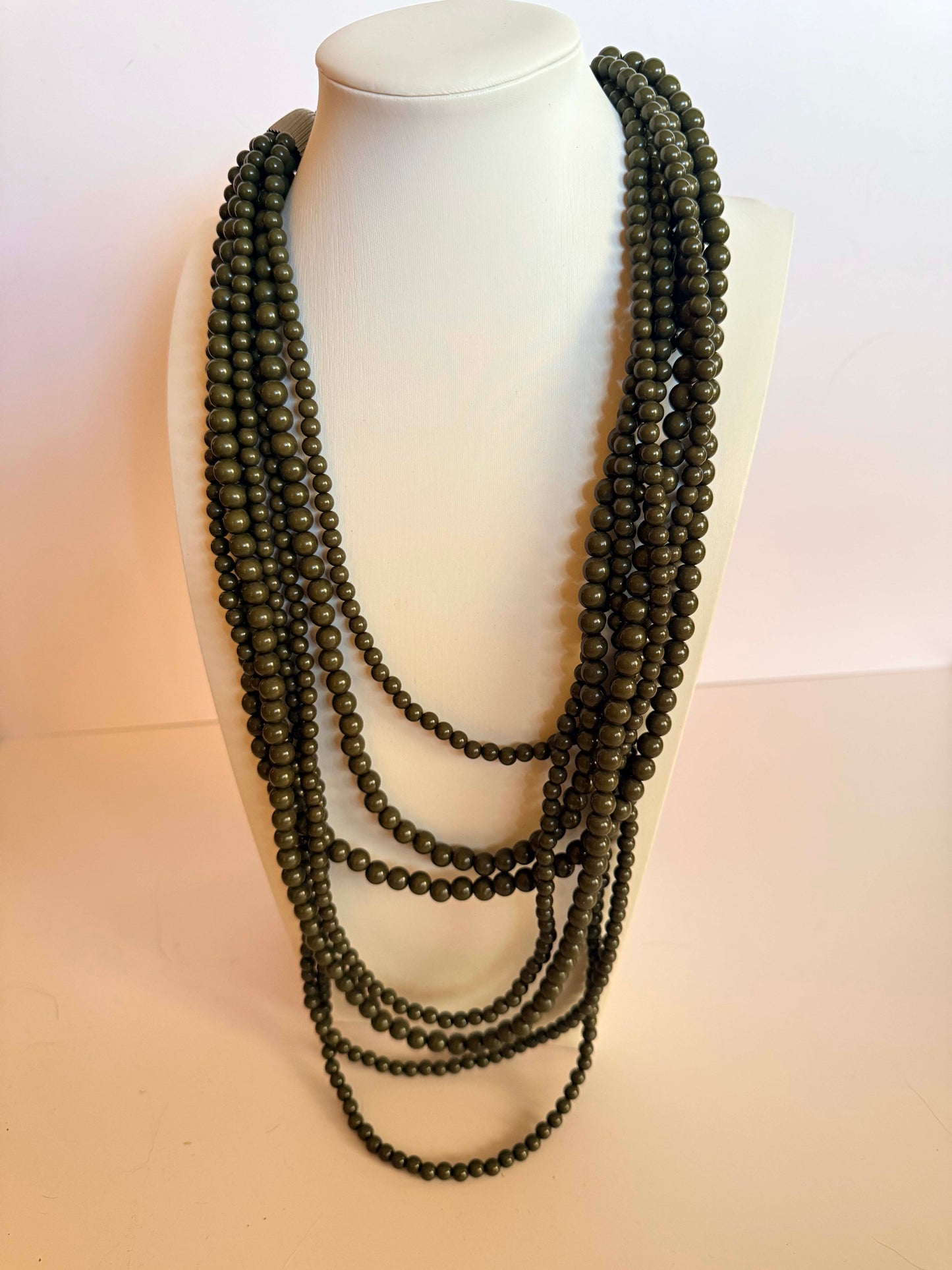 Vintage Olive Green Beaded Necklace | Multi Strand Statement Necklace | Layered Olive Beads | Boho Vintage Jewelry
