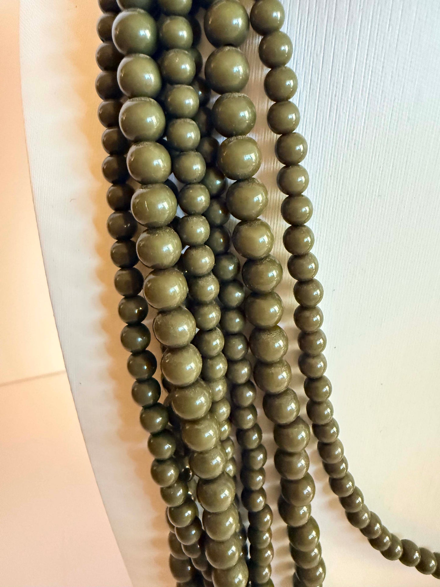 Vintage Olive Green Beaded Necklace | Multi Strand Statement Necklace | Layered Olive Beads | Boho Vintage Jewelry