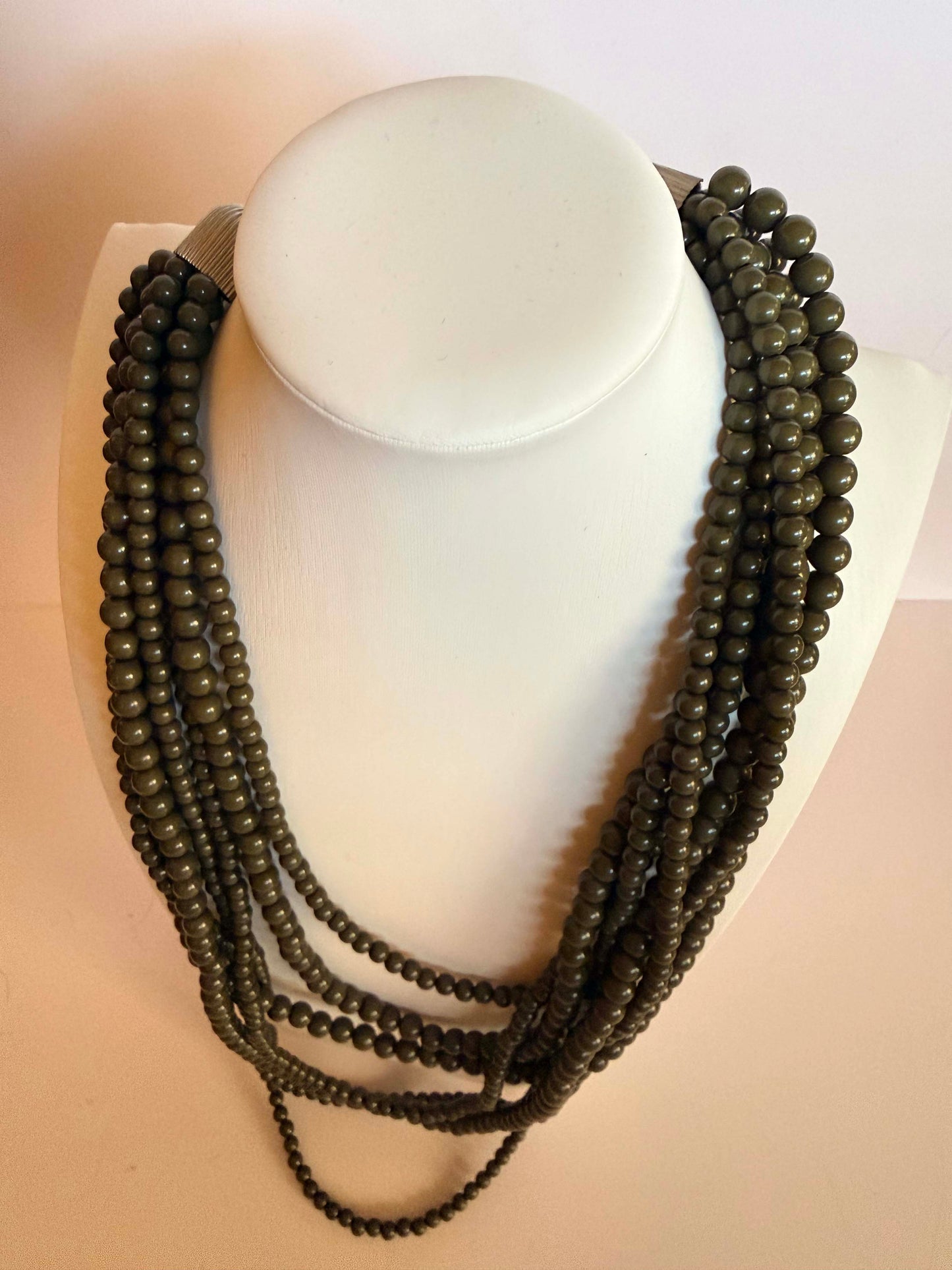 Vintage Olive Green Beaded Necklace | Multi Strand Statement Necklace | Layered Olive Beads | Boho Vintage Jewelry