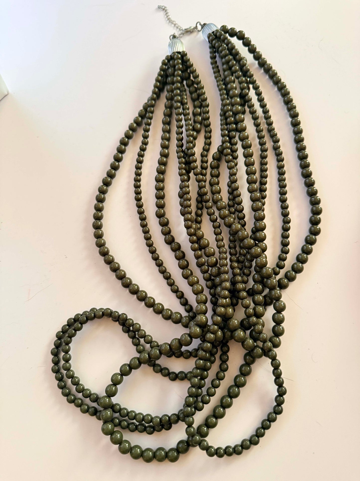 Vintage Olive Green Beaded Necklace | Multi Strand Statement Necklace | Layered Olive Beads | Boho Vintage Jewelry