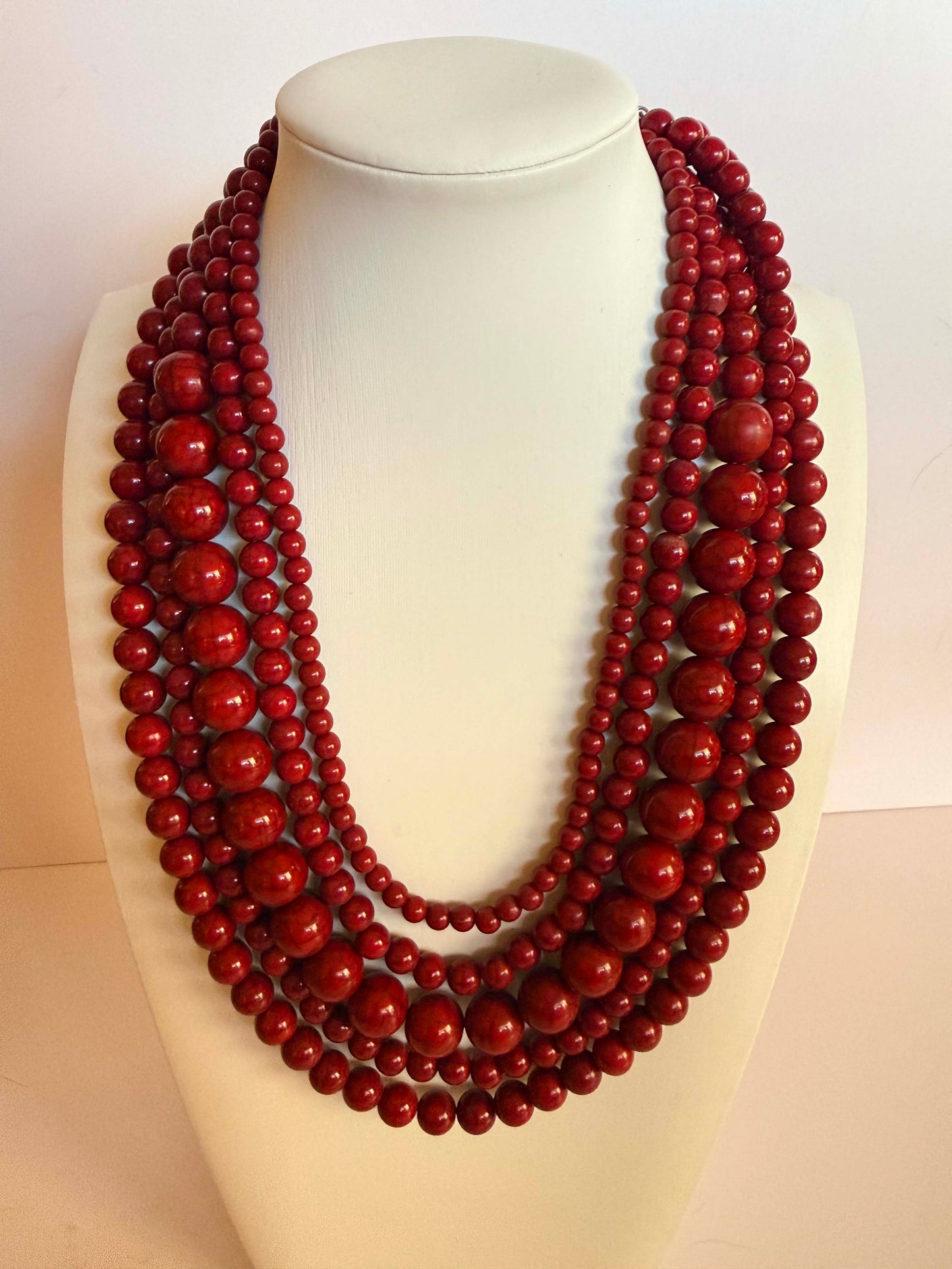 Vintage Five Strand Red Beaded Necklace | Cherry Red Statement Necklace | Layered Acrylic Bead Costume Jewelry | 1980s Necklace