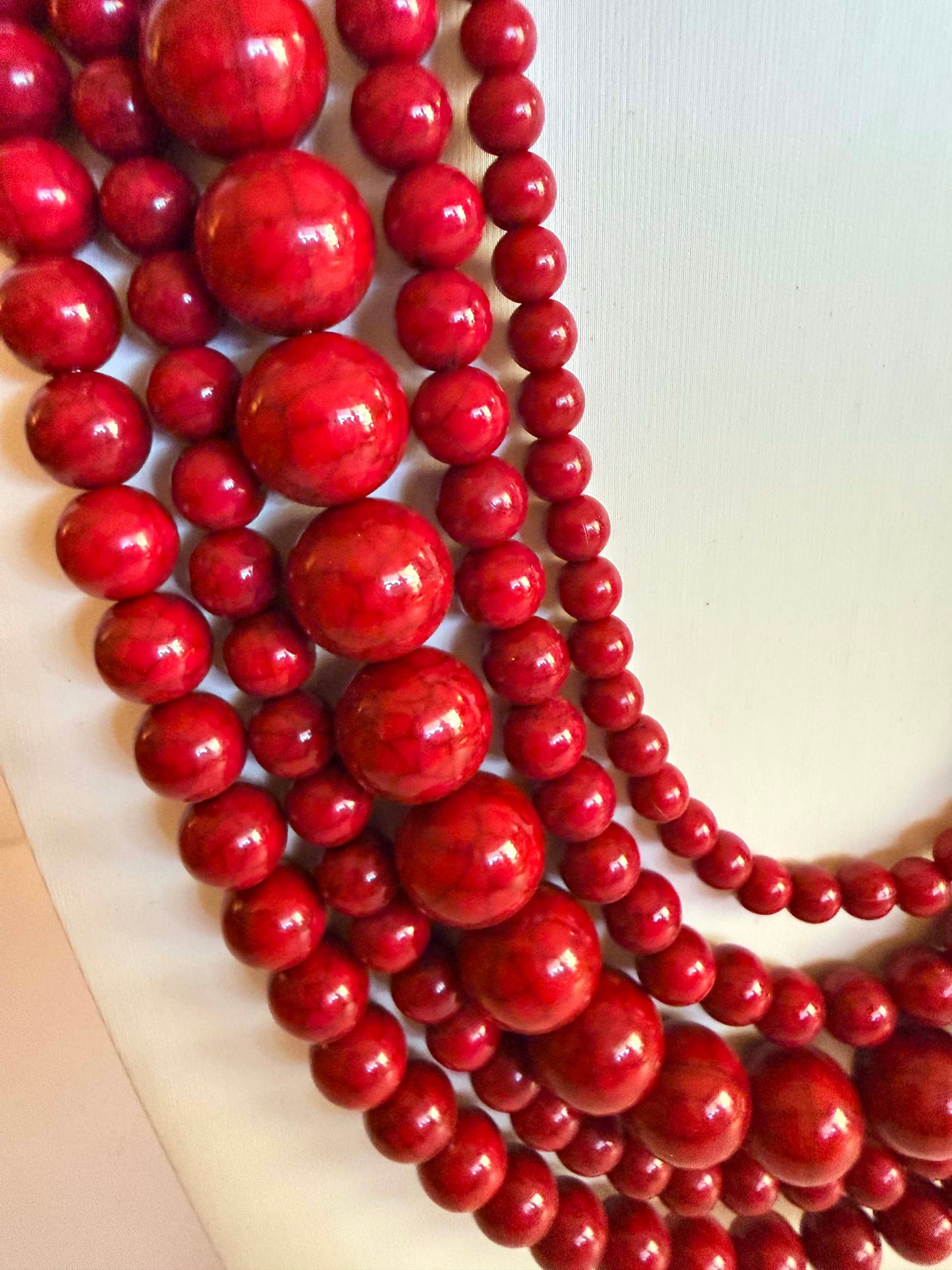 Vintage Five Strand Red Beaded Necklace | Cherry Red Statement Necklace | Layered Acrylic Bead Costume Jewelry | 1980s Necklace