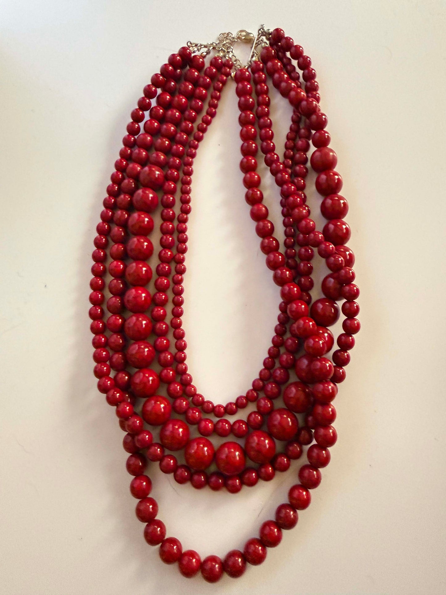 Vintage Five Strand Red Beaded Necklace | Cherry Red Statement Necklace | Layered Acrylic Bead Costume Jewelry | 1980s Necklace