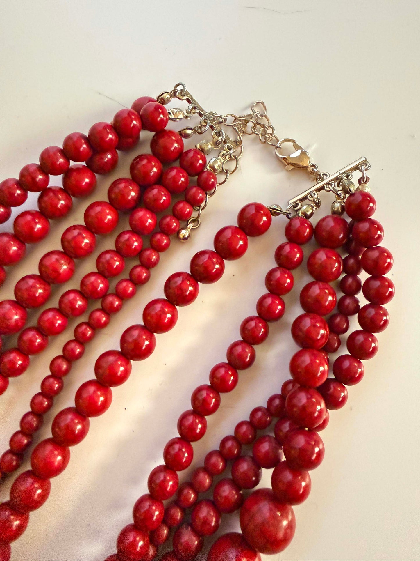 Vintage Five Strand Red Beaded Necklace | Cherry Red Statement Necklace | Layered Acrylic Bead Costume Jewelry | 1980s Necklace