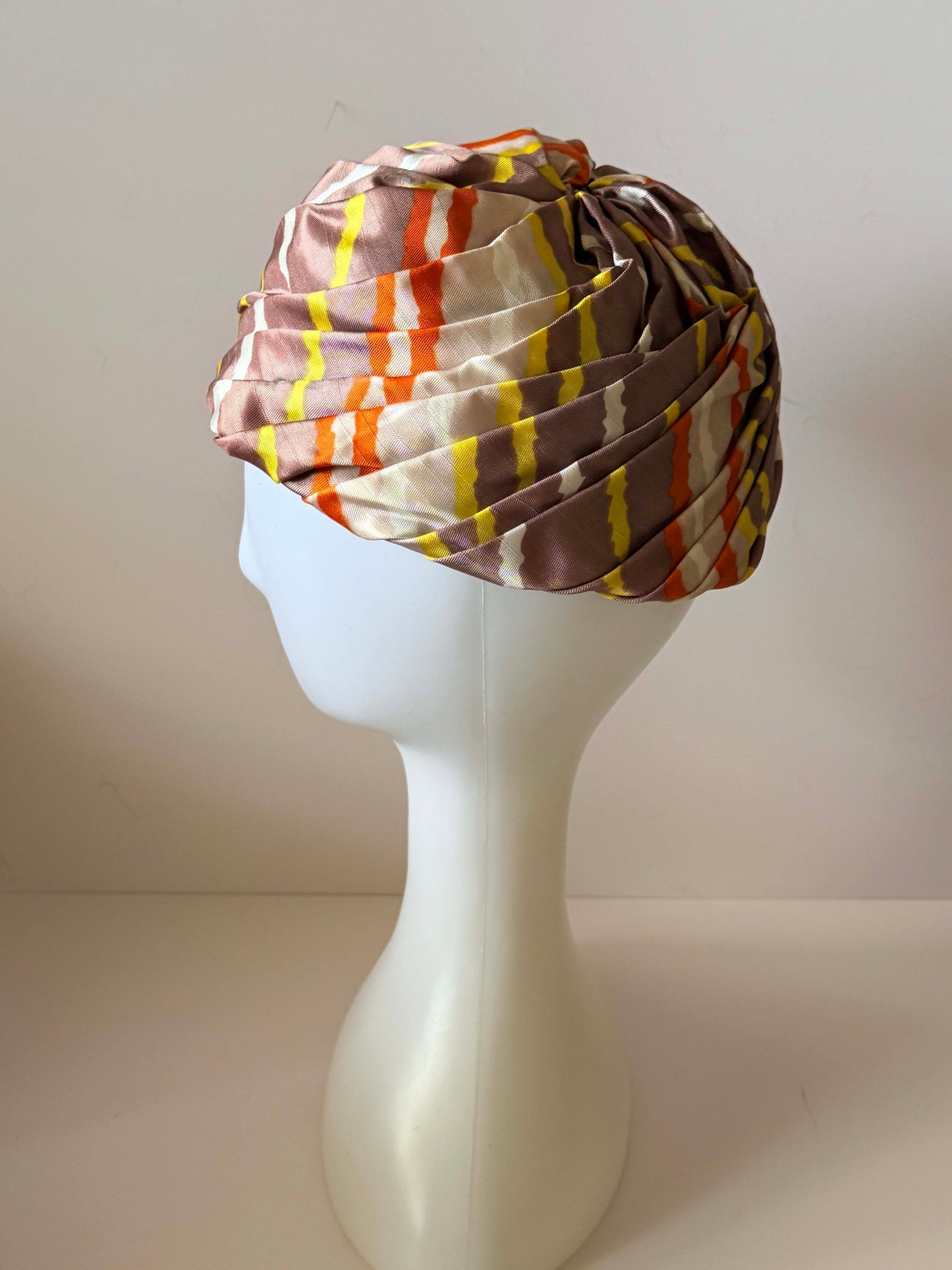 Vintage Hattie Carnegie Silk Turban Hat 1960s Striped Draped Designer Headpiece
