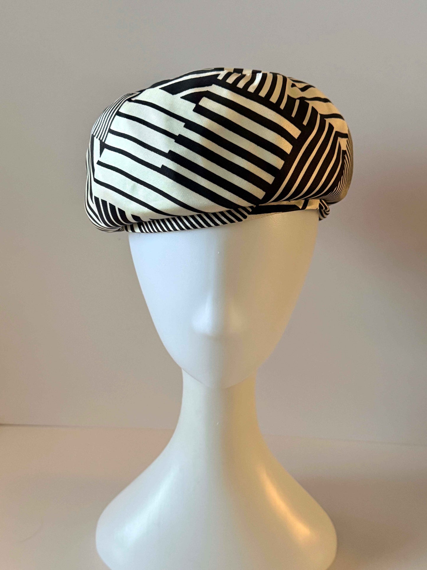 Vintage Rosyne Pillbox Hat, Brown Ivory Geometric Hat, Mod Hat, Abstract Stripe Hat, Women's Vintage Pillbox, Designer Hat