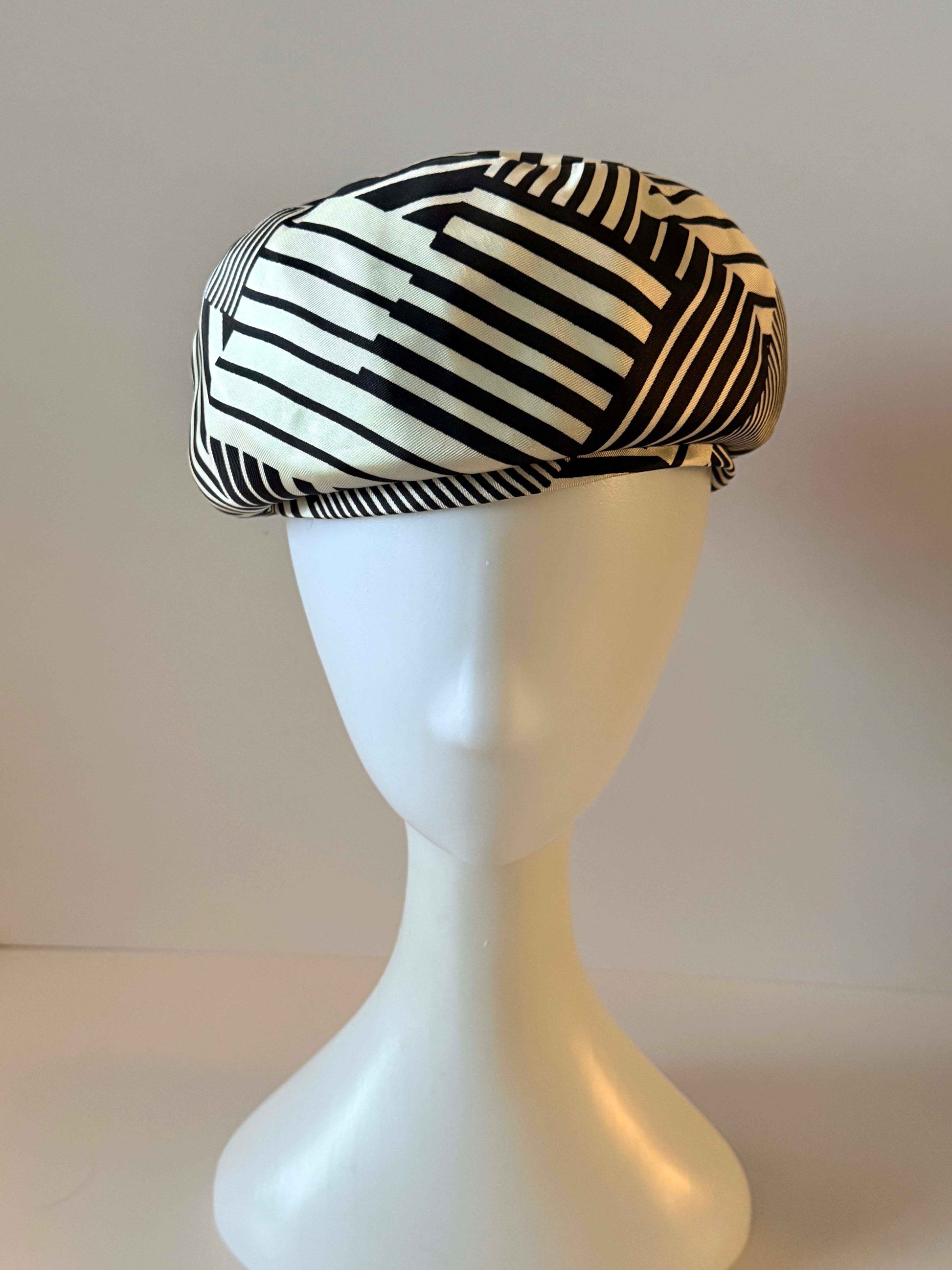 Vintage Rosyne Pillbox Hat, Brown Ivory Geometric Hat, Mod Hat, Abstract Stripe Hat, Women's Vintage Pillbox, Designer Hat