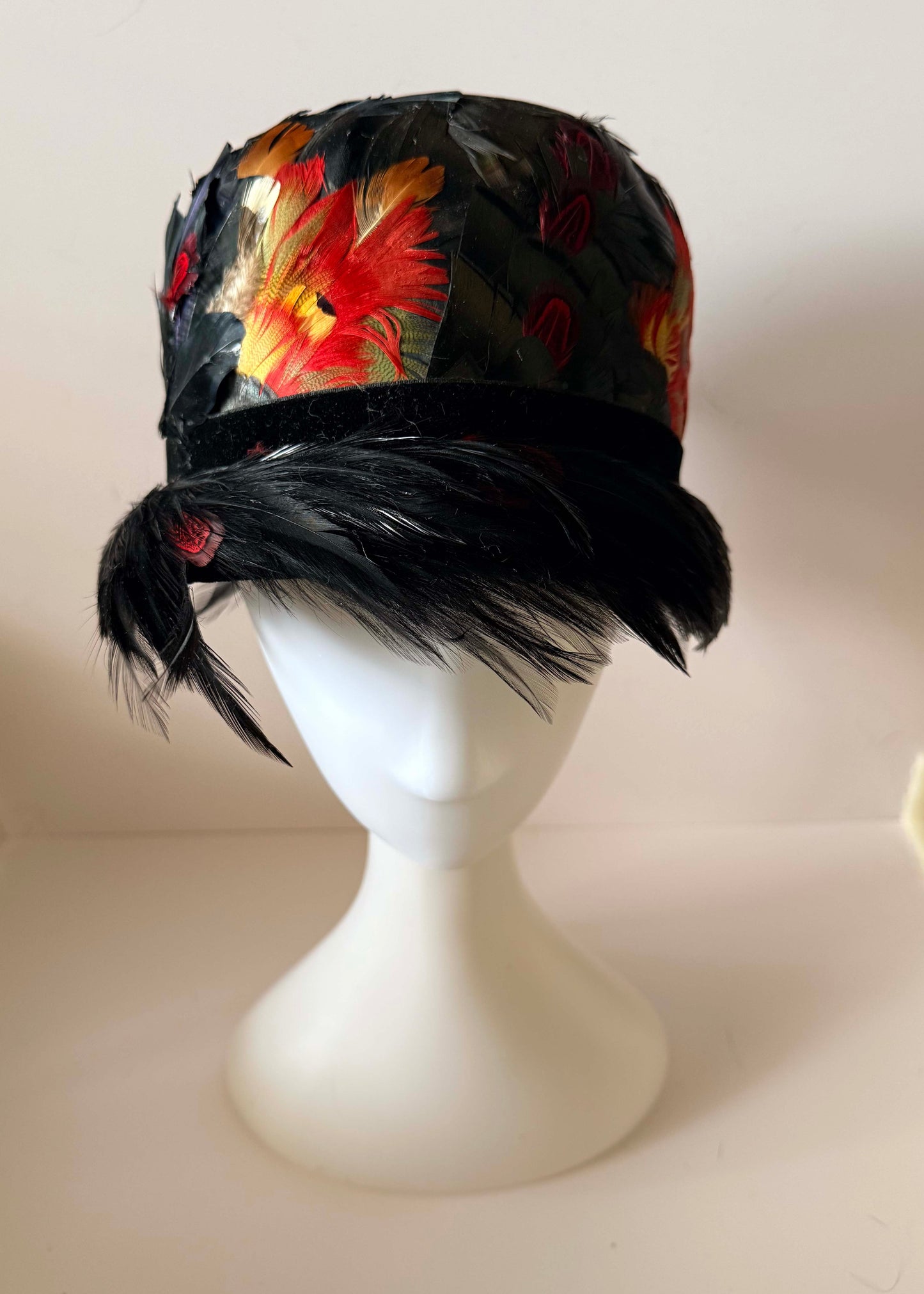 Luxury Vintage Feather Cloche Hat 1920s Art Deco Black Red Orange Evening Statement Hat