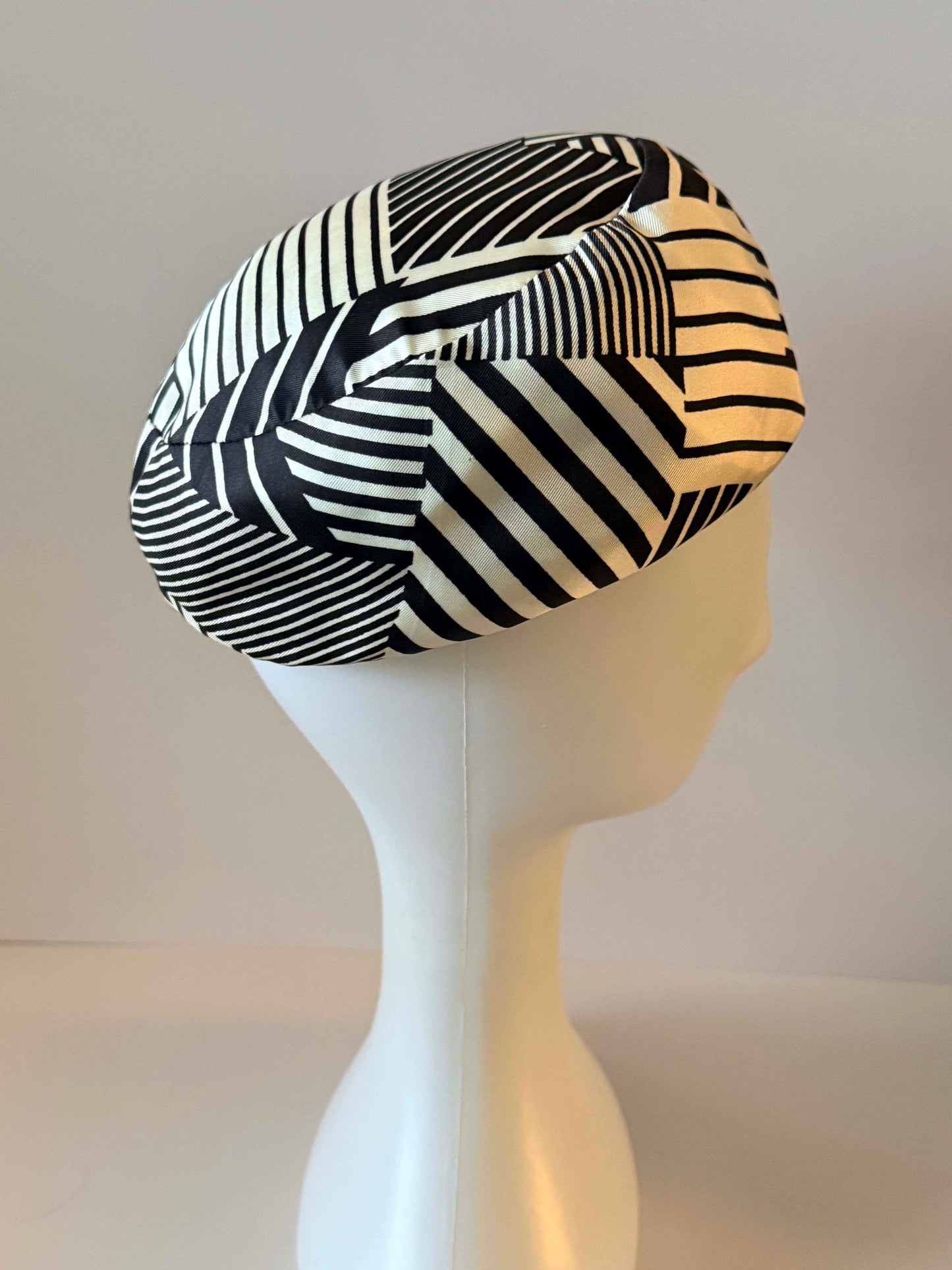 Vintage Rosyne Pillbox Hat, Brown Ivory Geometric Hat, Mod Hat, Abstract Stripe Hat, Women's Vintage Pillbox, Designer Hat