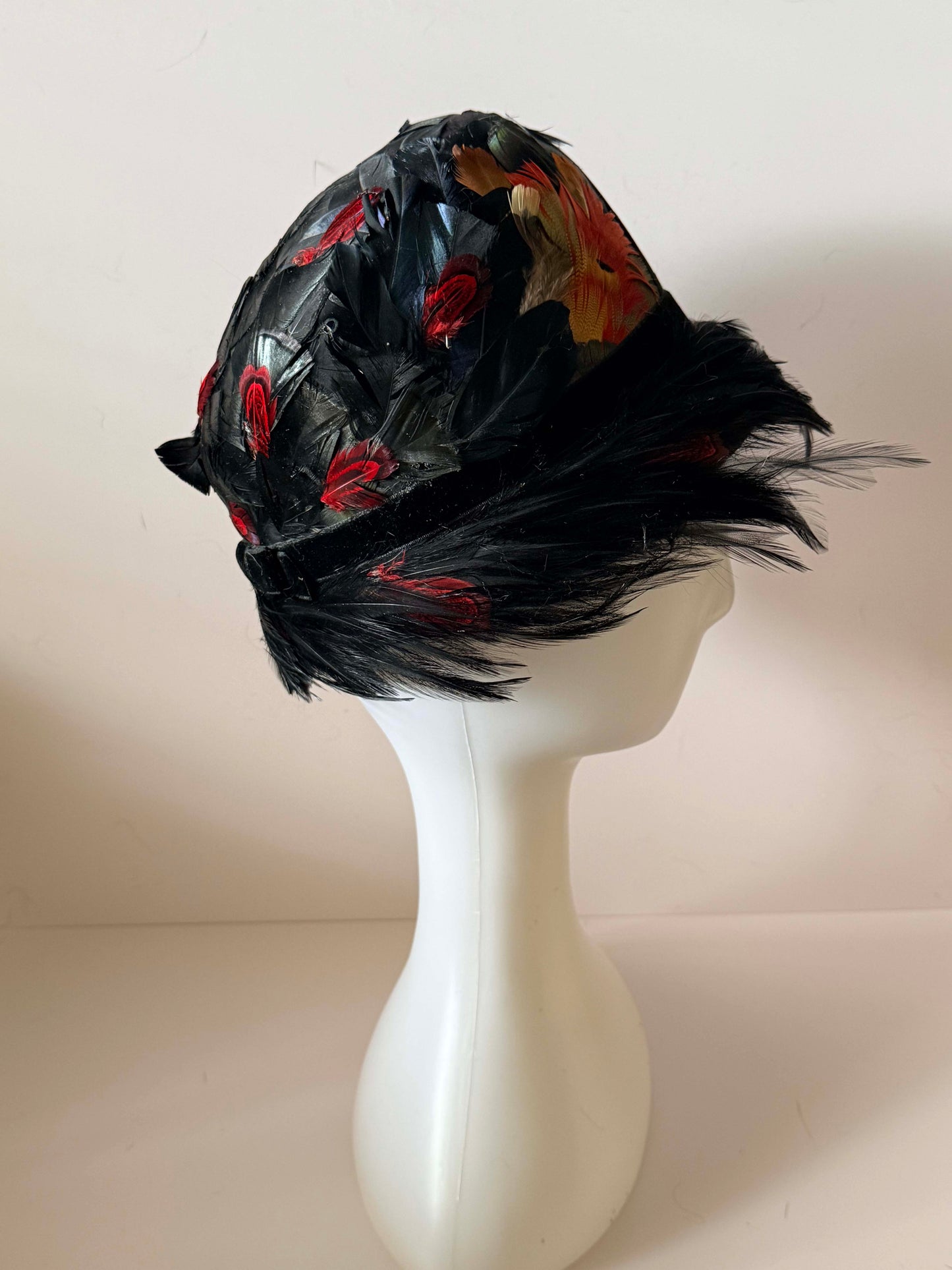 Luxury Vintage Feather Cloche Hat 1920s Art Deco Black Red Orange Evening Statement Hat