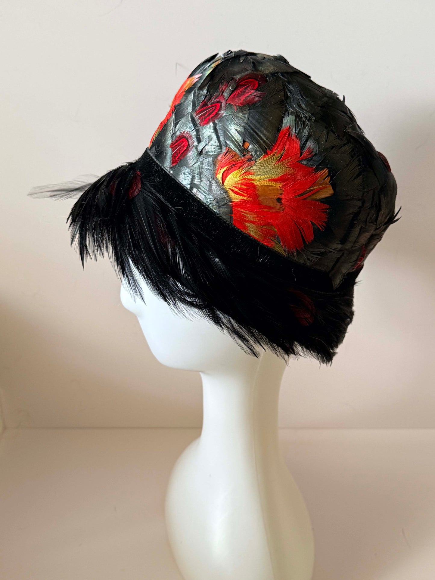 Luxury Vintage Feather Cloche Hat 1920s Art Deco Black Red Orange Evening Statement Hat