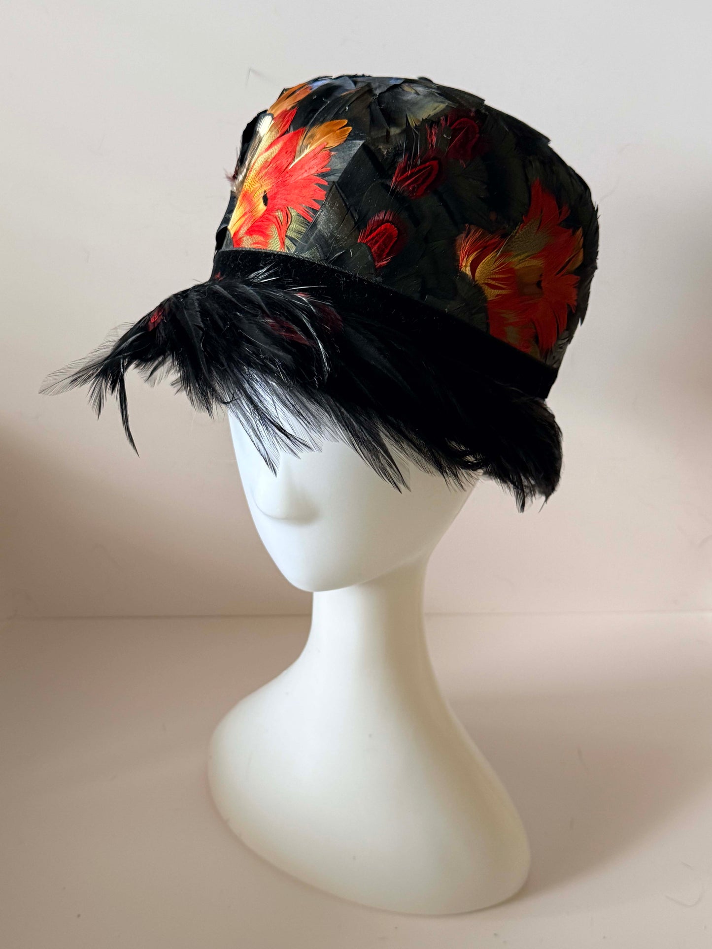 Luxury Vintage Feather Cloche Hat 1920s Art Deco Black Red Orange Evening Statement Hat