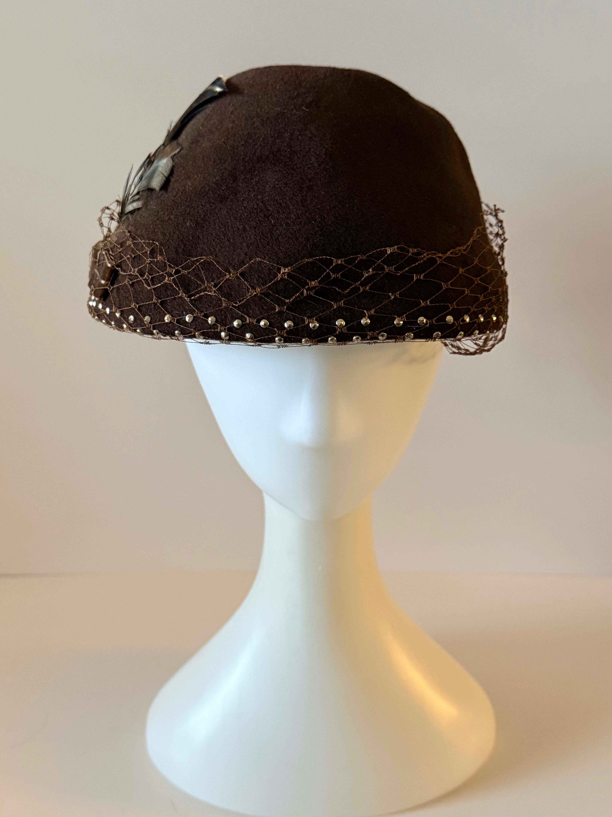 1950s Brown Felt Hat, Vintage Veiled Cocktail Hat, Brown Feather Hat, Studded Veil Hat, Women's Vintage Half Hat