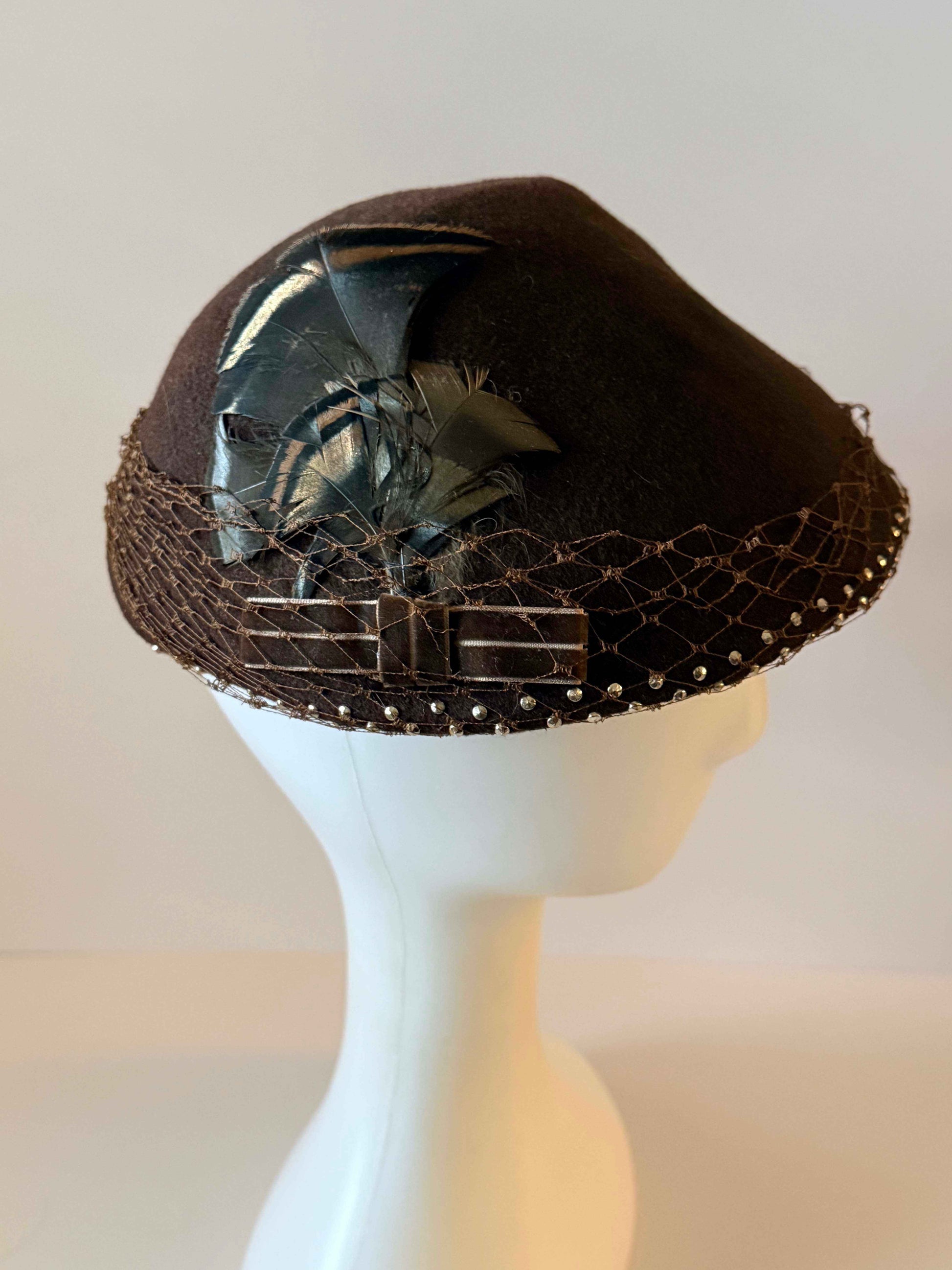 1950s Brown Felt Hat, Vintage Veiled Cocktail Hat, Brown Feather Hat, Studded Veil Hat, Women's Vintage Half Hat