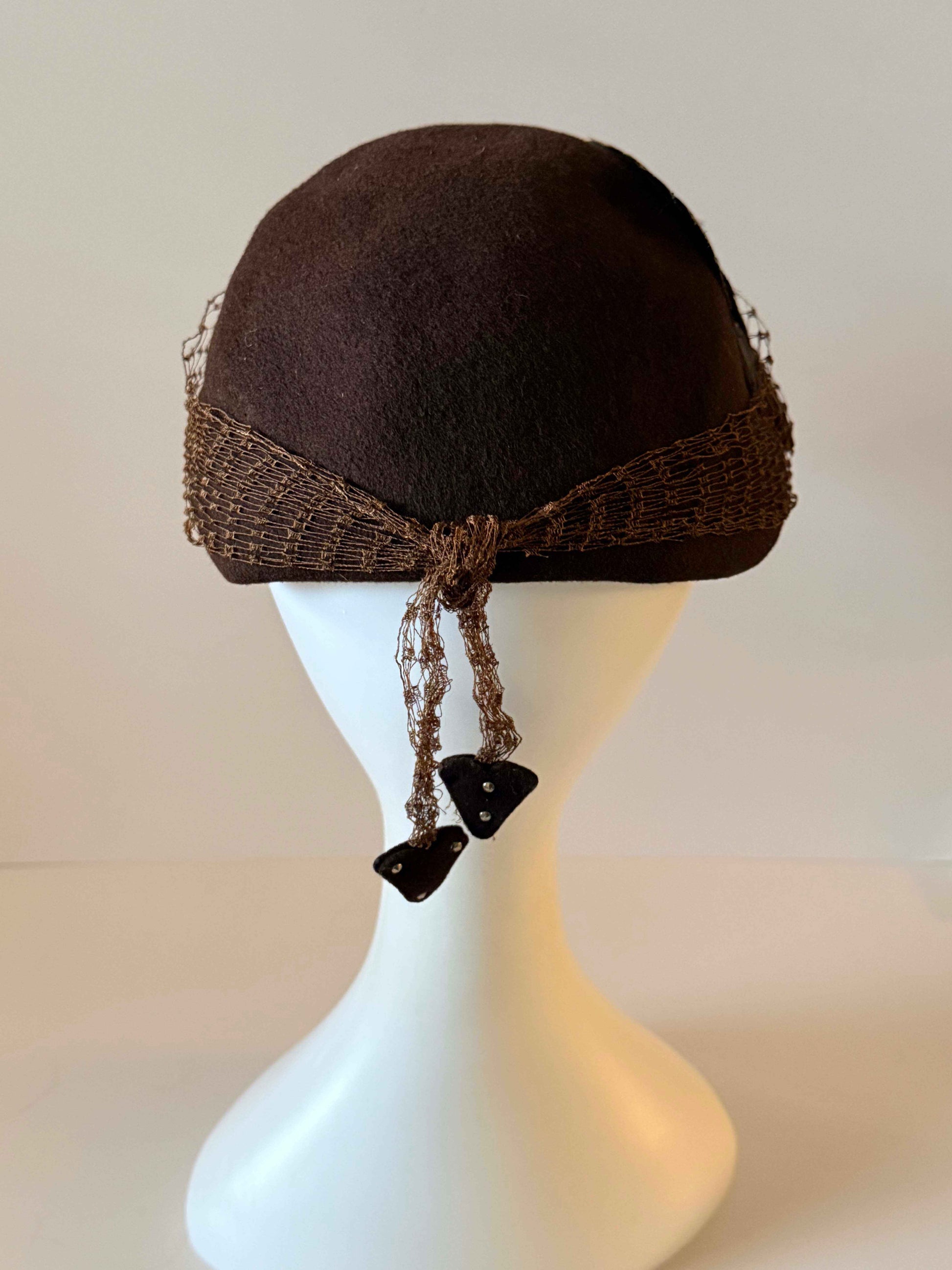 1950s Brown Felt Hat, Vintage Veiled Cocktail Hat, Brown Feather Hat, Studded Veil Hat, Women's Vintage Half Hat