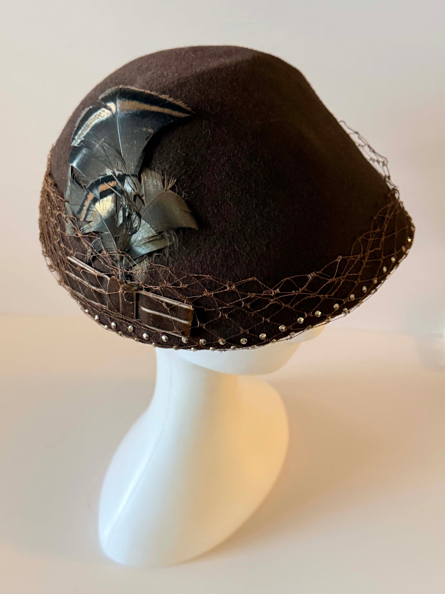 1950s Brown Felt Hat, Vintage Veiled Cocktail Hat, Brown Feather Hat, Studded Veil Hat, Women's Vintage Half Hat