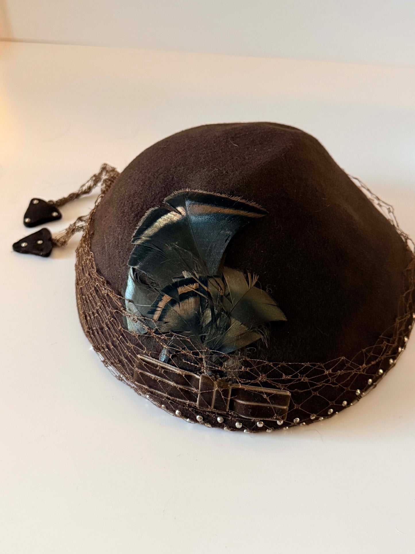 1950s Brown Felt Hat, Vintage Veiled Cocktail Hat, Brown Feather Hat, Studded Veil Hat, Women's Vintage Half Hat