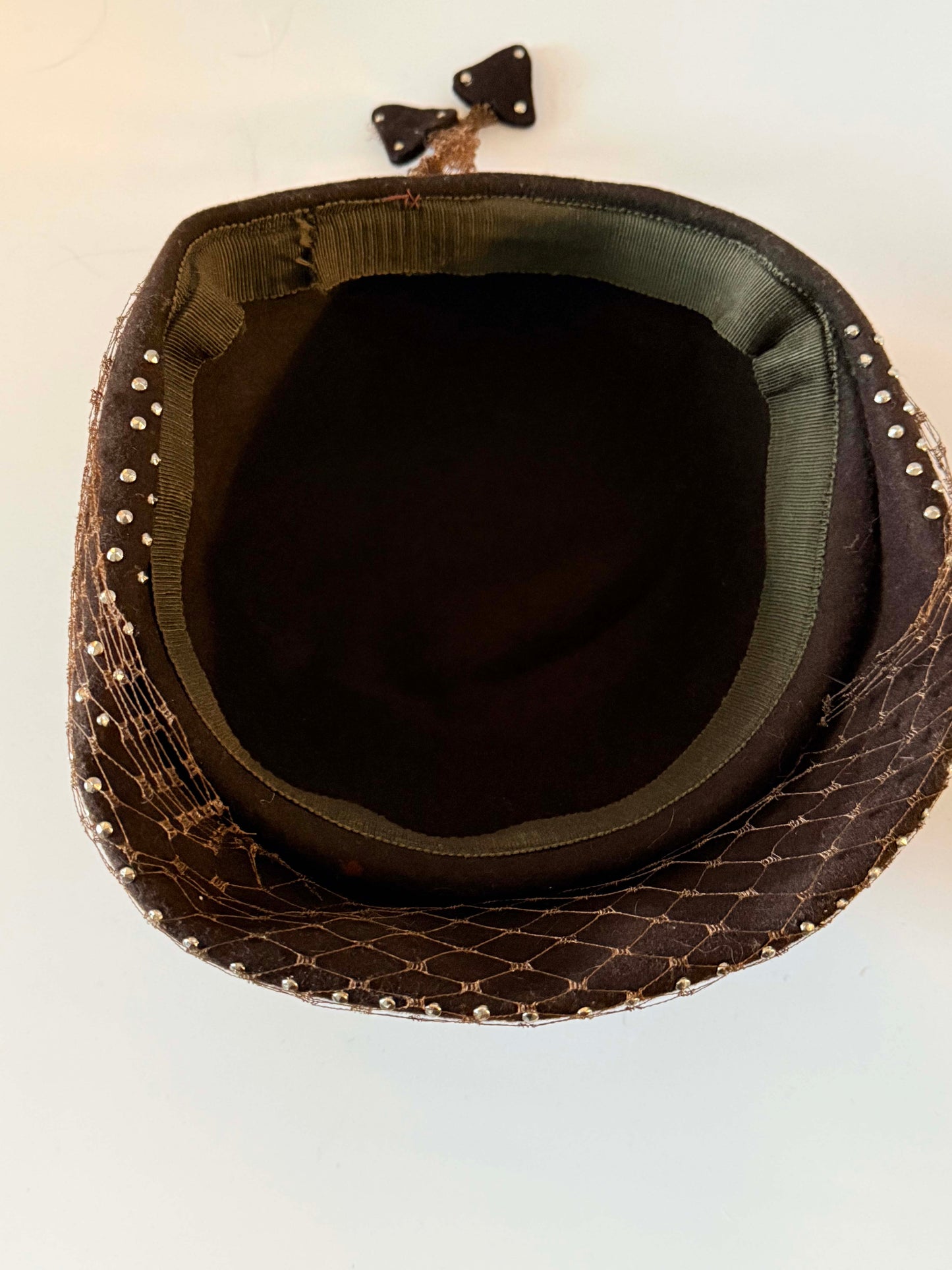 1950s Brown Felt Hat, Vintage Veiled Cocktail Hat, Brown Feather Hat, Studded Veil Hat, Women's Vintage Half Hat