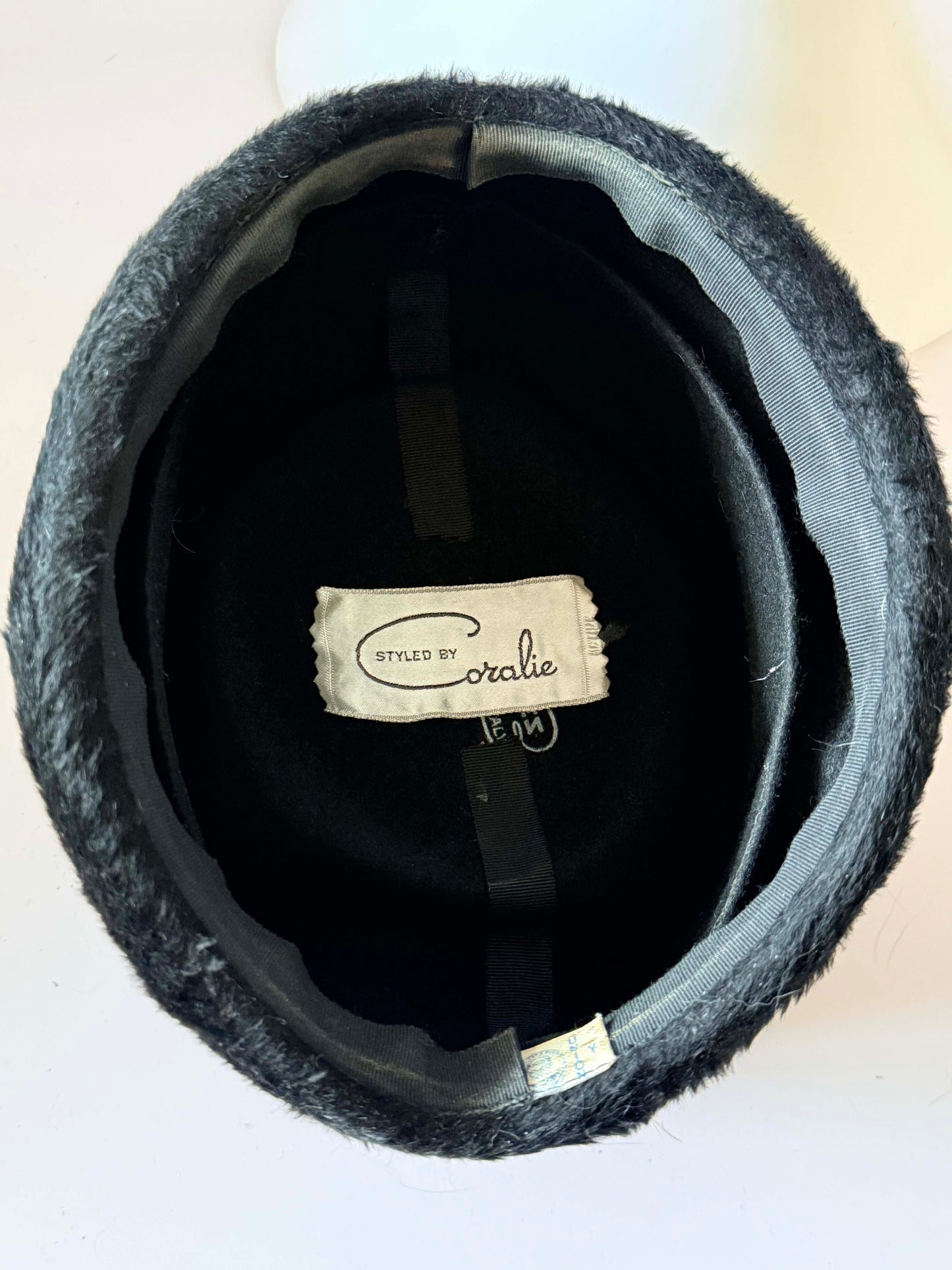 Vintage 1960s Coralie Feather Pillbox Hat – Wool Felt & Guinea Fowl with Black Fur Trim