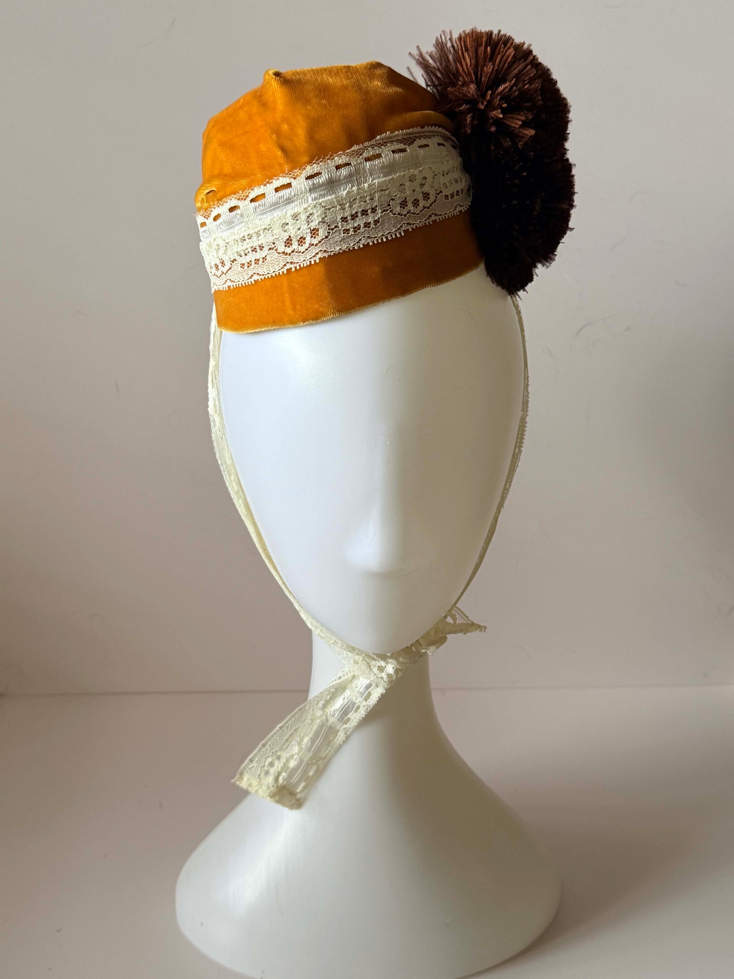 Vintage Mustard Velvet Tilt Hat – Handsewn Bridgerton Style Updo Hat with Lace & Feather Pom