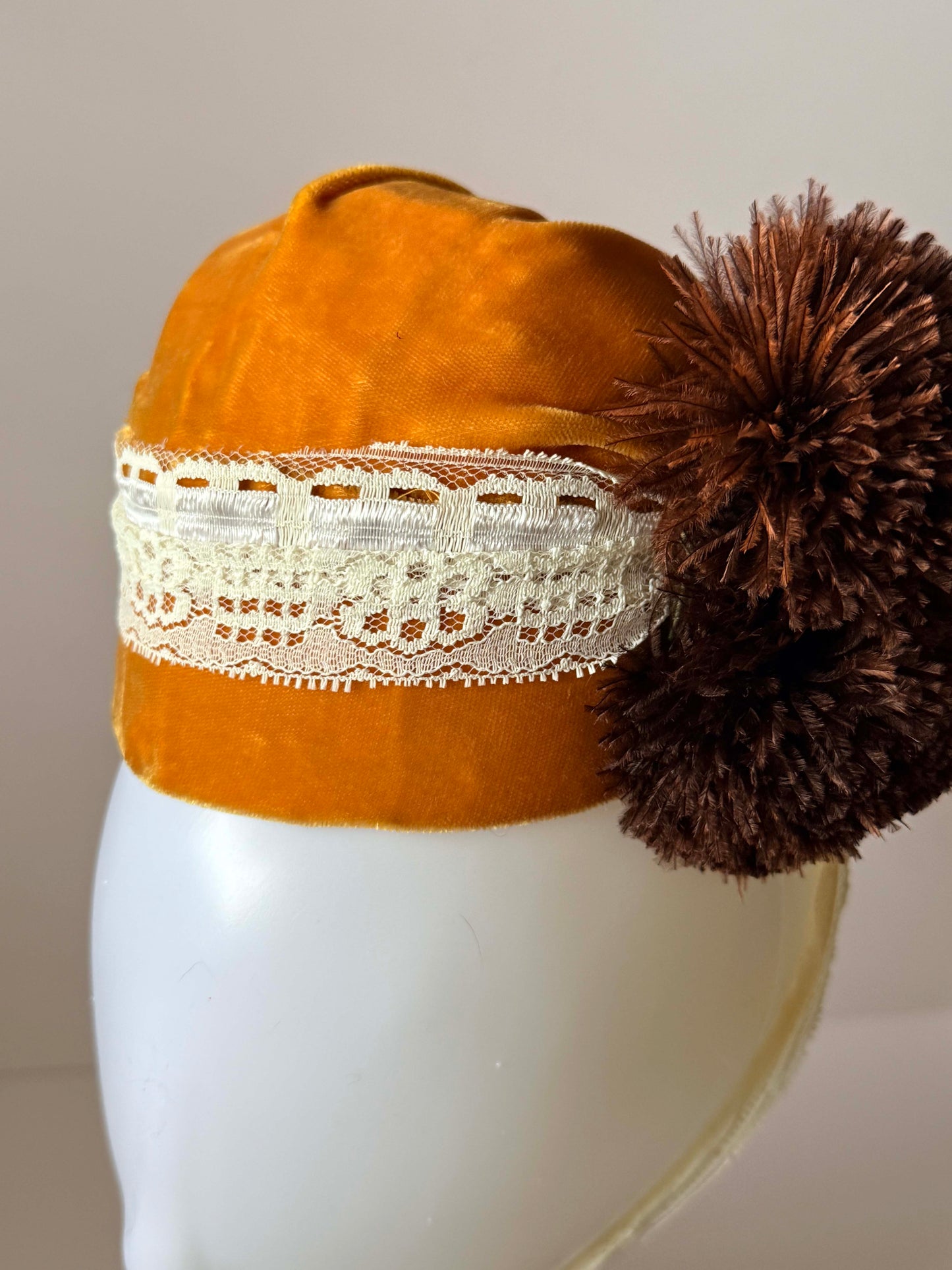Vintage Mustard Velvet Tilt Hat – Handsewn Bridgerton Style Updo Hat with Lace & Feather Pom
