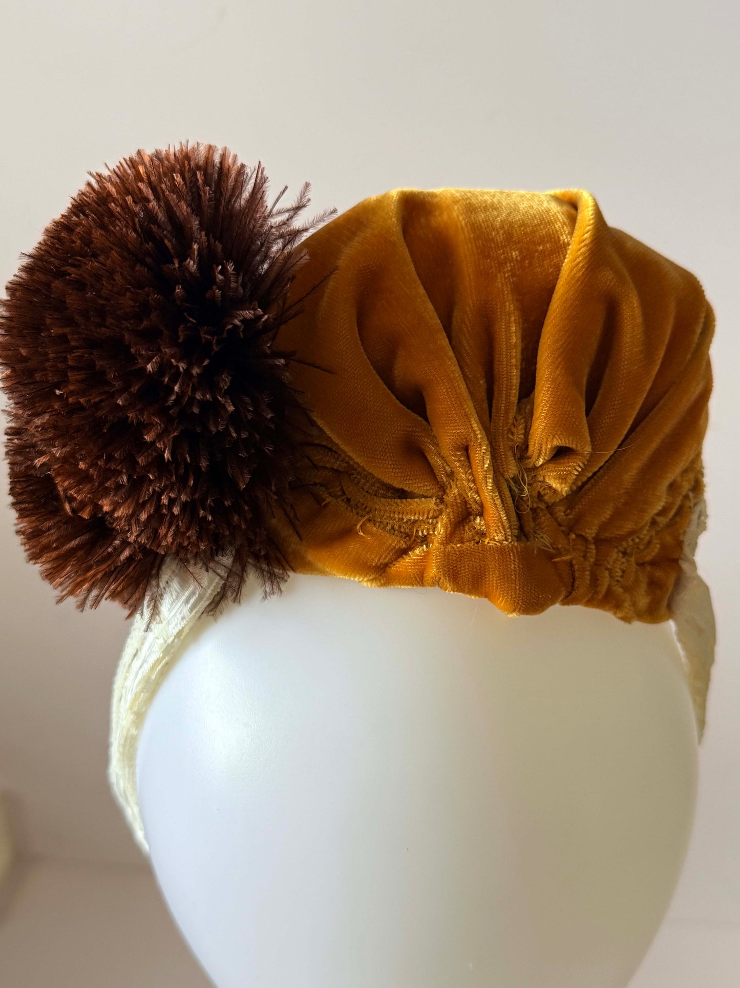 Vintage Mustard Velvet Tilt Hat – Handsewn Bridgerton Style Updo Hat with Lace & Feather Pom